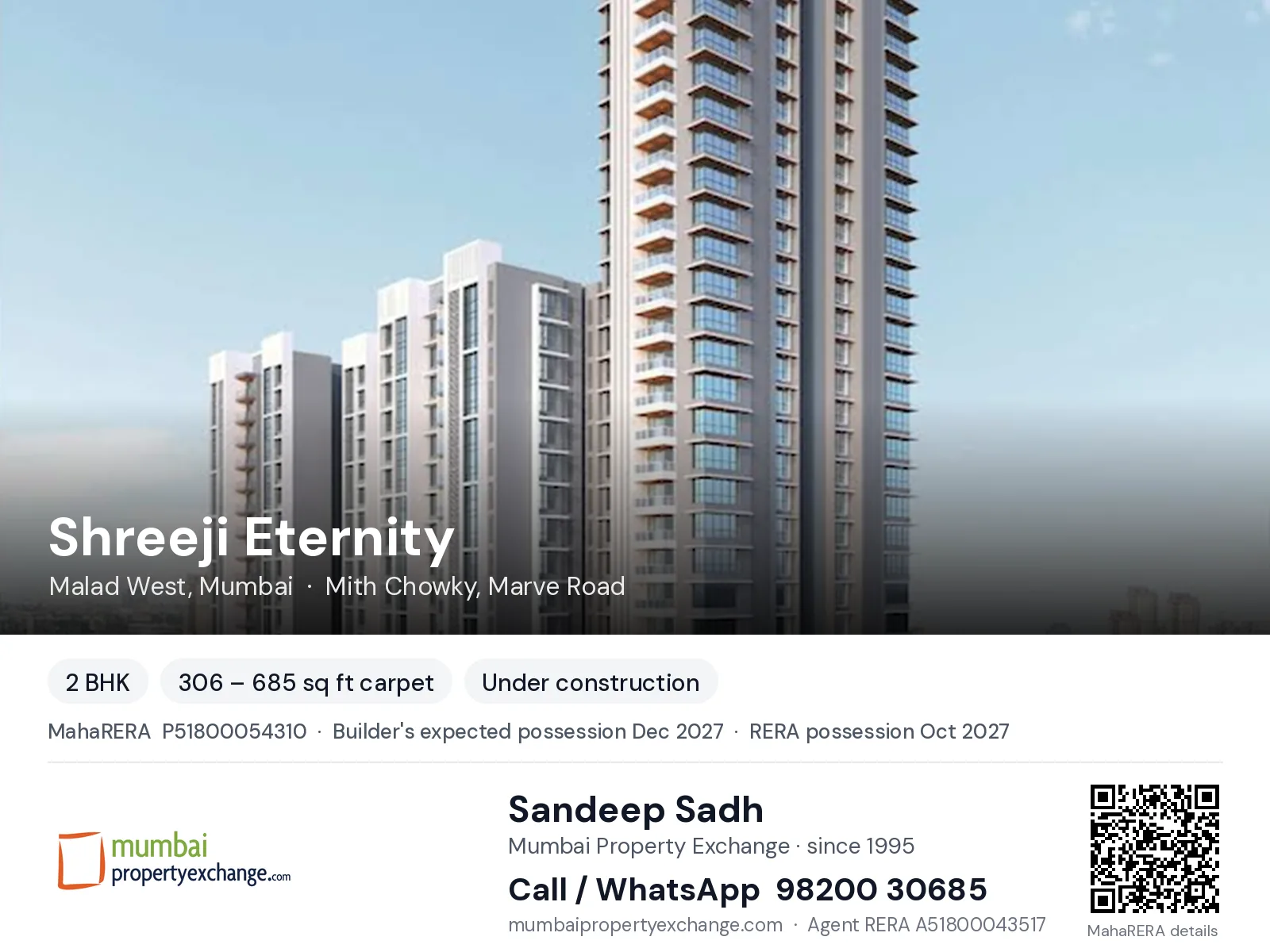 Shreeji Eternity, Malad West, Mumbai — 2 BHK new project, builder's expected possession Dec 2027, RERA possession Oct 2027 | Mumbai Property Exchange, Sandeep Sadh 98200 30685