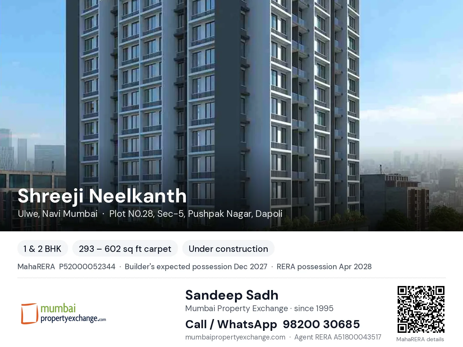 Shreeji Neelkanth, Ulwe, Navi Mumbai — 1 & 2 BHK new project, builder's expected possession Dec 2027, RERA possession Apr 2028 | Mumbai Property Exchange, Sandeep Sadh 98200 30685