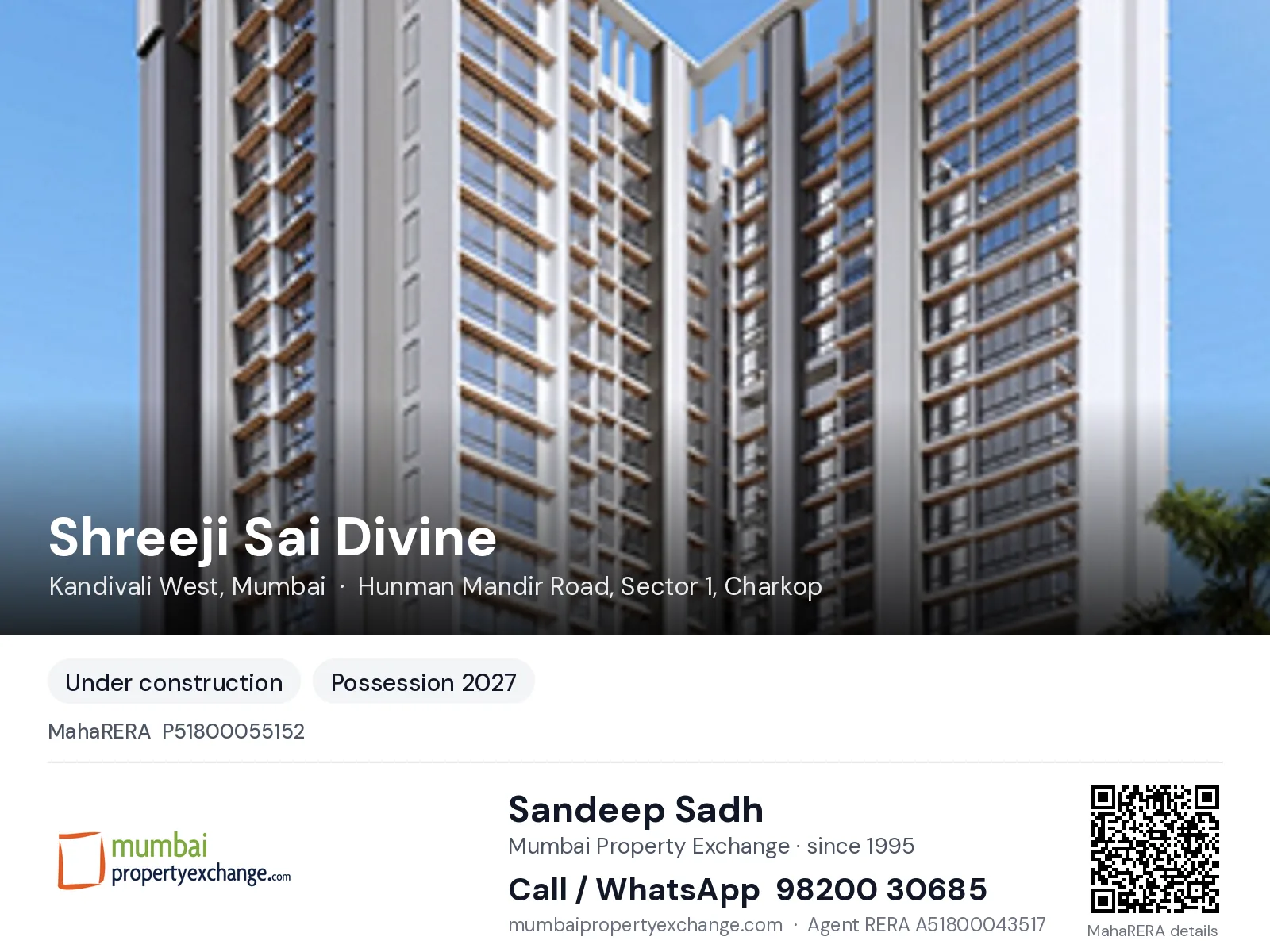 Shreeji Sai Divine, Kandivali West, Mumbai — new project, possession 2027 | Mumbai Property Exchange, Sandeep Sadh 98200 30685