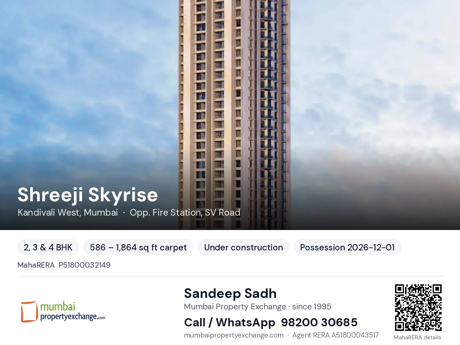 Shreeji Skyrise, Kandivali West, Mumbai — 2, 3 & 4 BHK new project, possession 2026-12-01 | Mumbai Property Exchange, Sandeep Sadh 98200 30685
