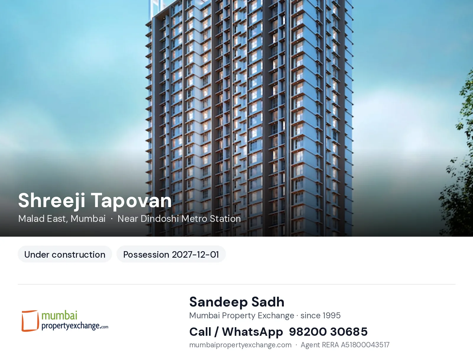 Shreeji Tapovan, Malad East, Mumbai — new project, possession 2027-12-01 | Mumbai Property Exchange, Sandeep Sadh 98200 30685