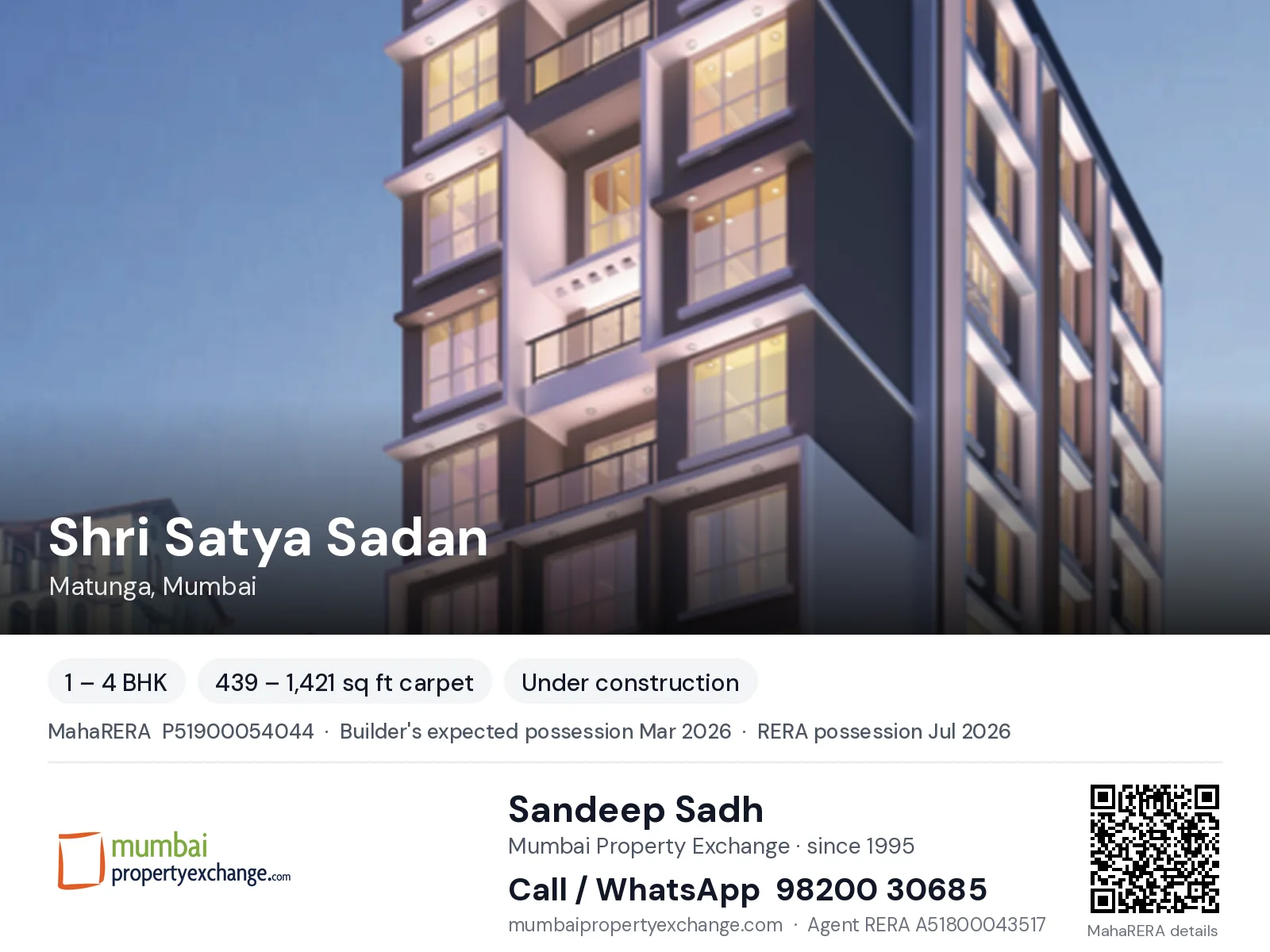 Shri Satya Sadan by Ojal, Matunga, Mumbai — 1 – 4 BHK new project, builder's expected possession Mar 2026, RERA possession Jul 2026 | Mumbai Property Exchange, Sandeep Sadh 98200 30685