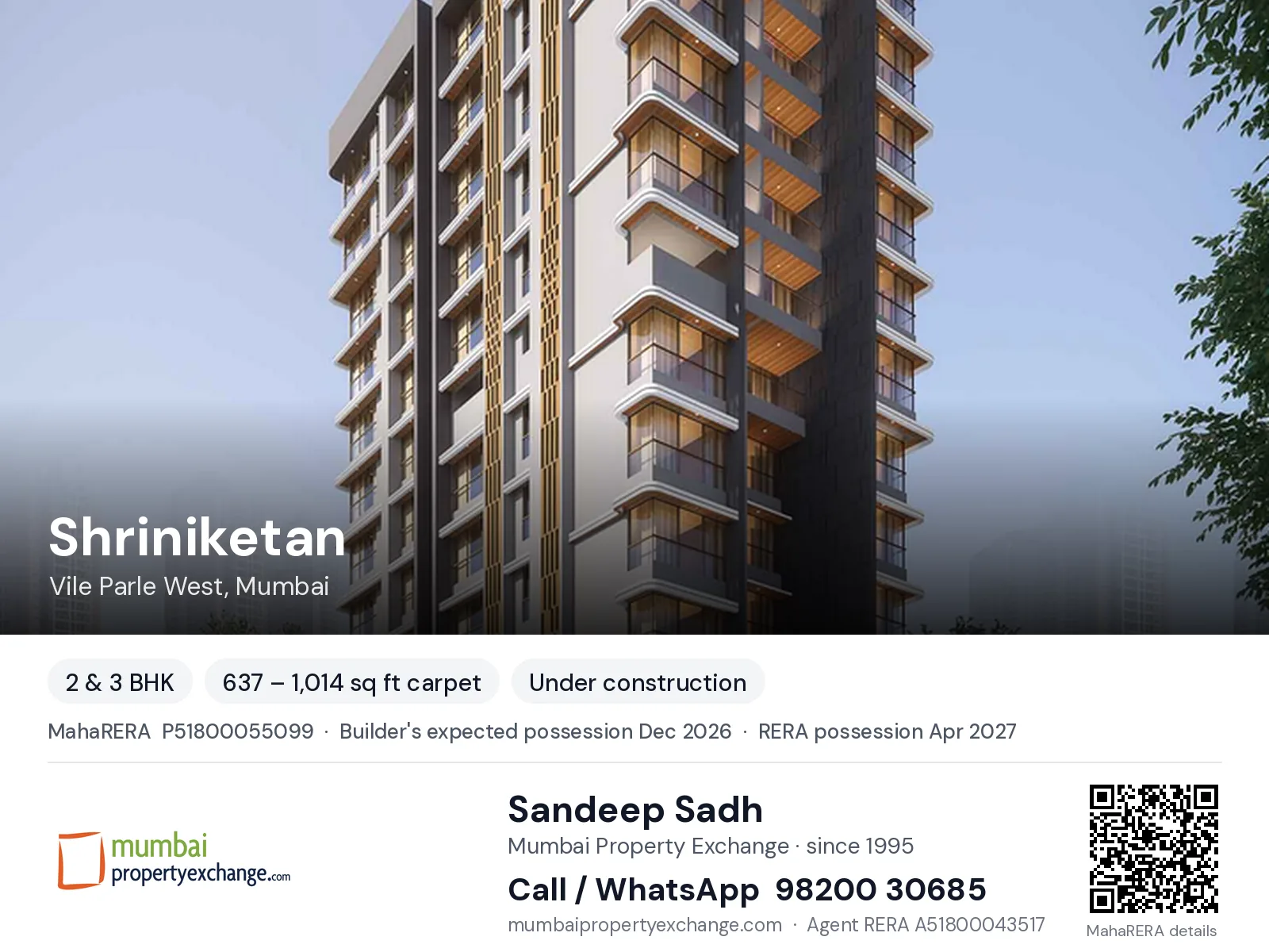 Shriniketan by Arham, Vile Parle West, Mumbai — 2 & 3 BHK new project, builder's expected possession Dec 2026, RERA possession Apr 2027 | Mumbai Property Exchange, Sandeep Sadh 98200 30685
