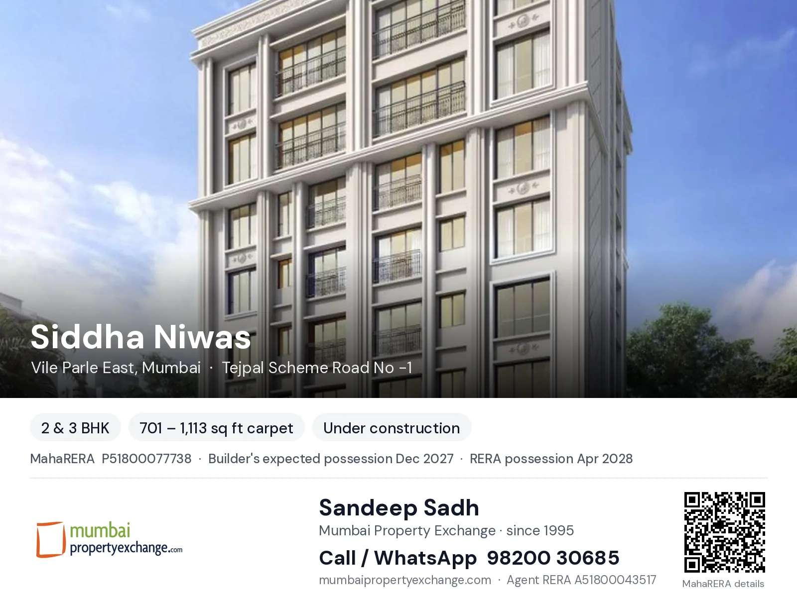 Siddha Niwas by Praneeta, Vile Parle East, Mumbai — 2 & 3 BHK new project, builder's expected possession Dec 2027, RERA possession Apr 2028 | Mumbai Property Exchange, Sandeep Sadh 98200 30685