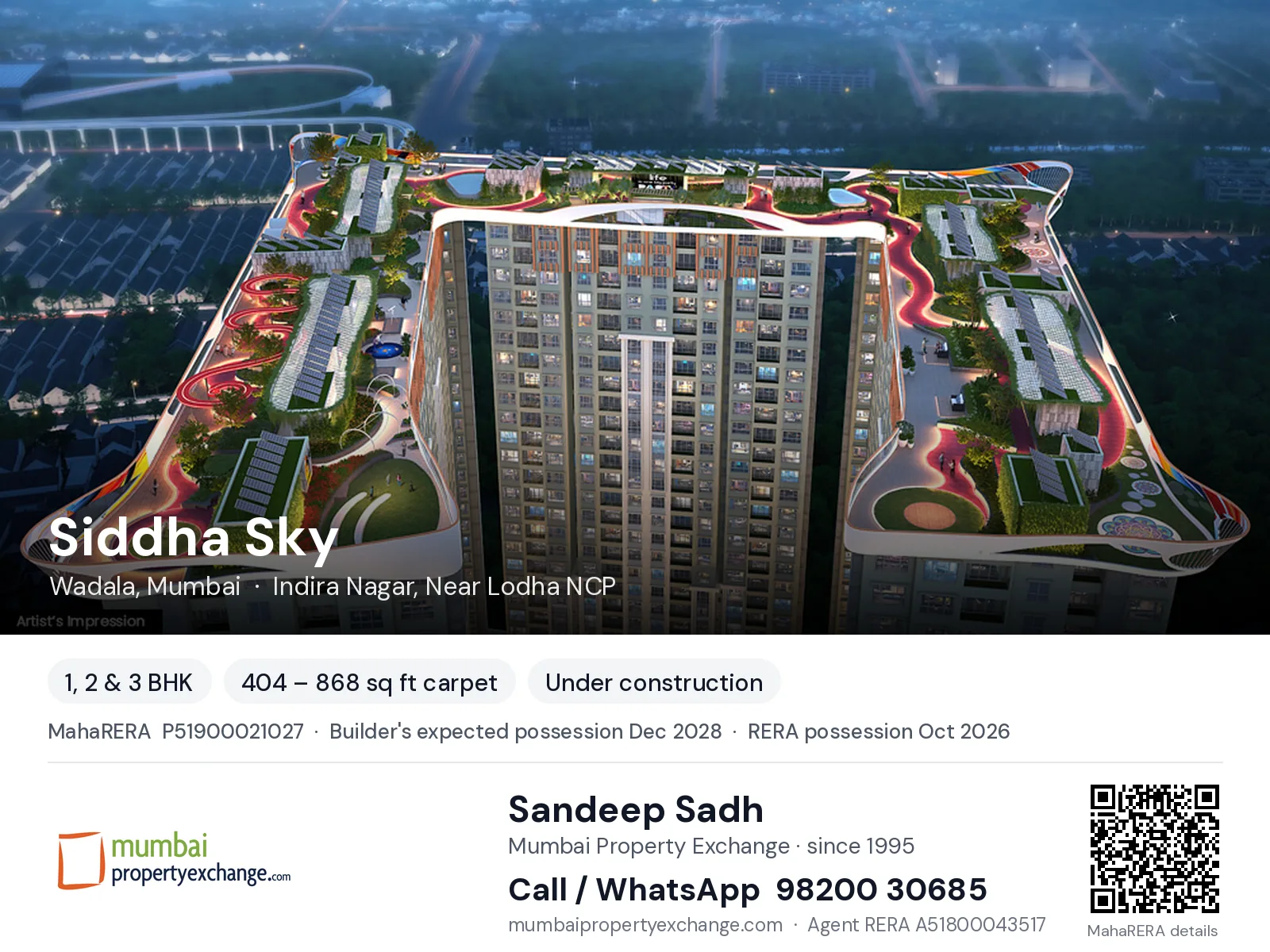 Siddha Sky, Wadala, Mumbai — 1, 2 & 3 BHK new project, builder's expected possession Dec 2028, RERA possession Oct 2026 | Mumbai Property Exchange, Sandeep Sadh 98200 30685