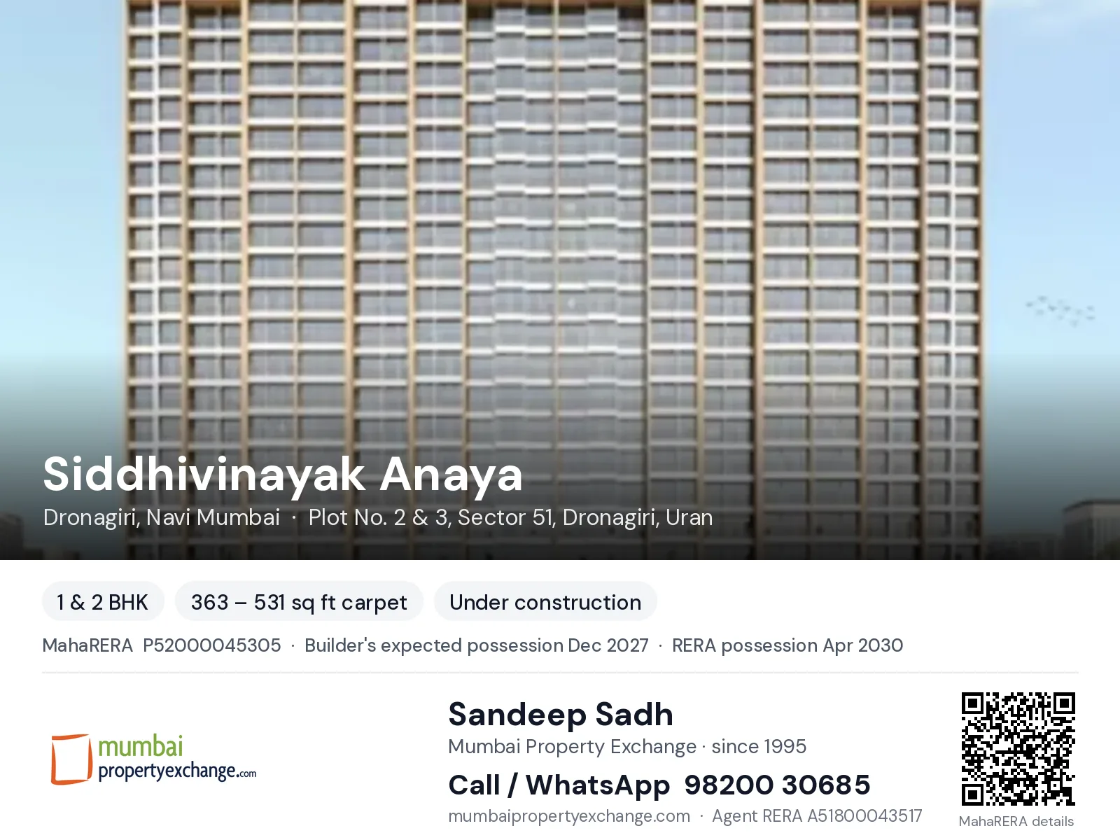 Siddhivinayak Anaya, Dronagiri, Navi Mumbai — 1 & 2 BHK new project, builder's expected possession Dec 2027, RERA possession Apr 2030 | Mumbai Property Exchange, Sandeep Sadh 98200 30685