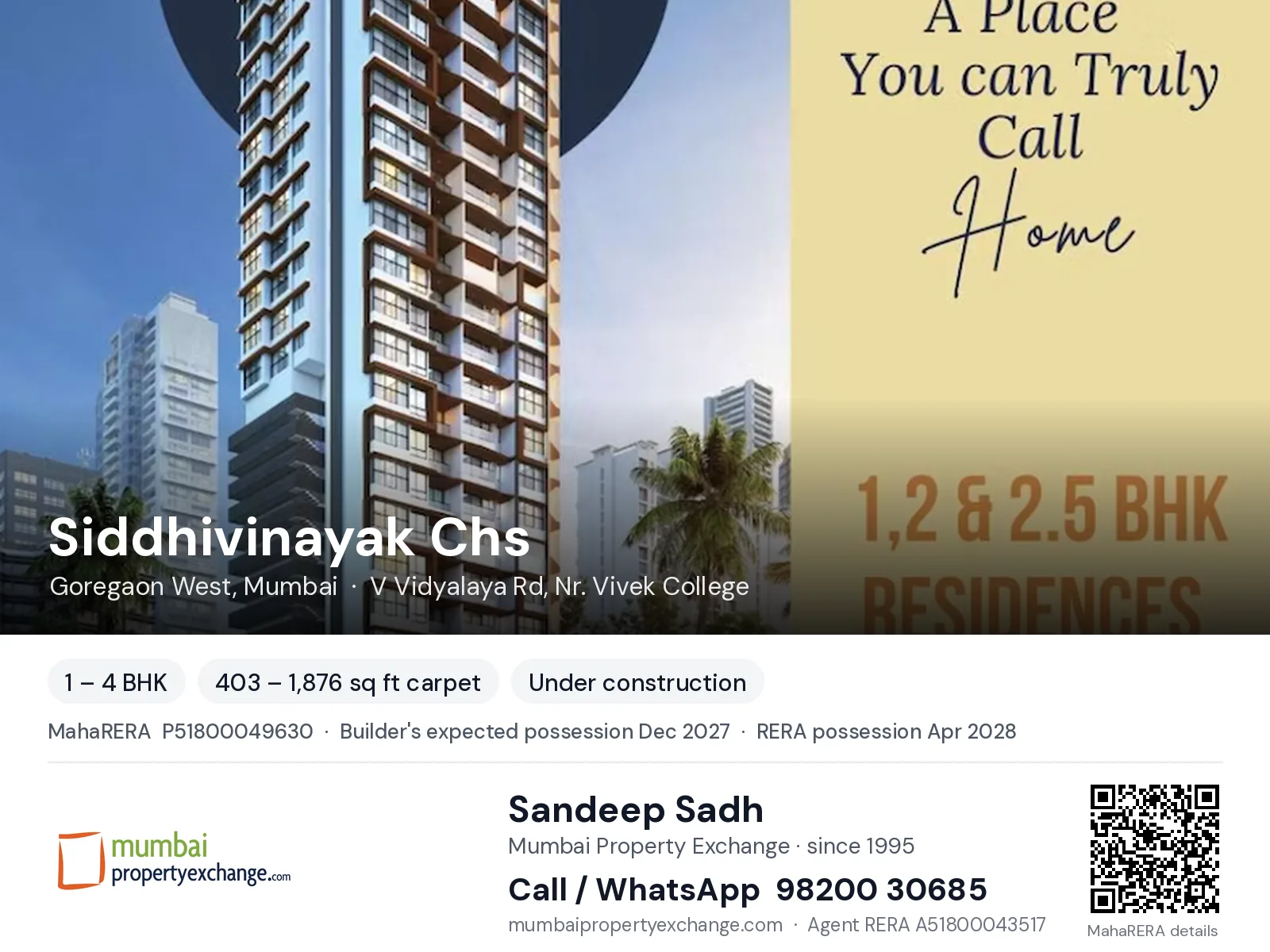 Siddhivinayak Chs by Infinity, Goregaon West, Mumbai — 1 – 4 BHK new project, builder's expected possession Dec 2027, RERA possession Apr 2028 | Mumbai Property Exchange, Sandeep Sadh 98200 30685