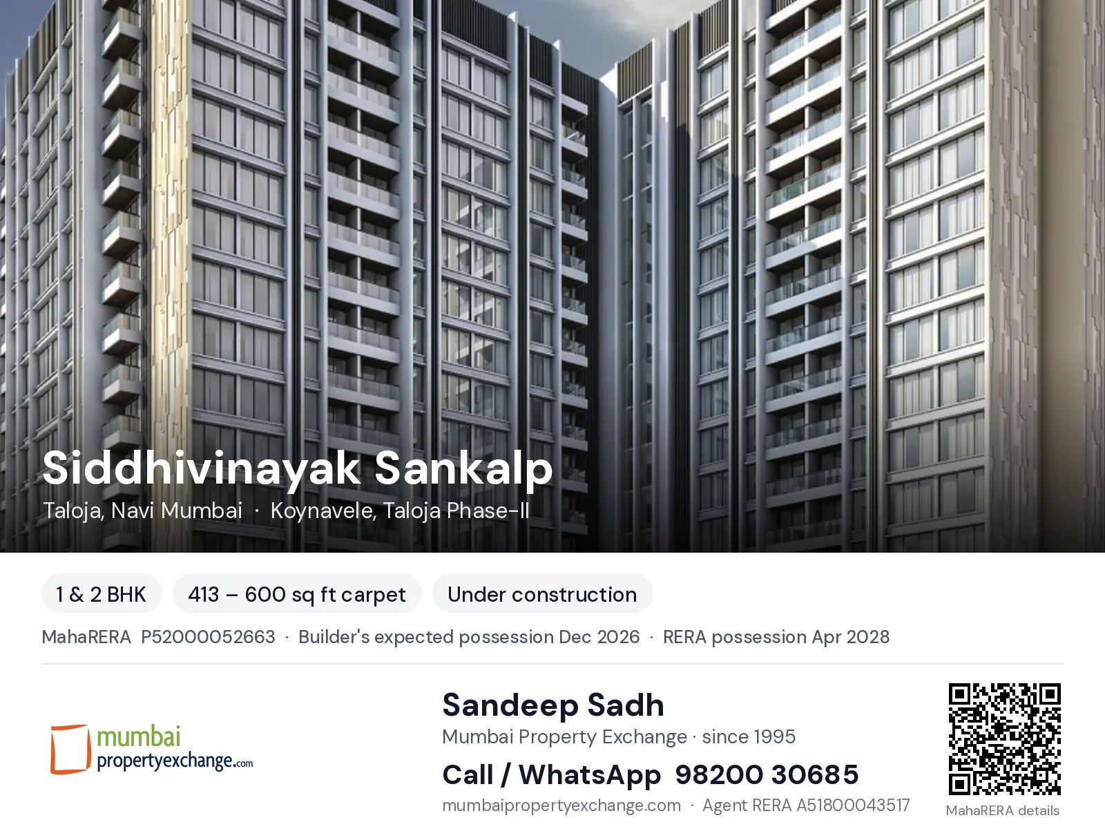 Siddhivinayak Sankalp, Taloja, Navi Mumbai — 1 & 2 BHK new project, builder's expected possession Dec 2026, RERA possession Apr 2028 | Mumbai Property Exchange, Sandeep Sadh 98200 30685