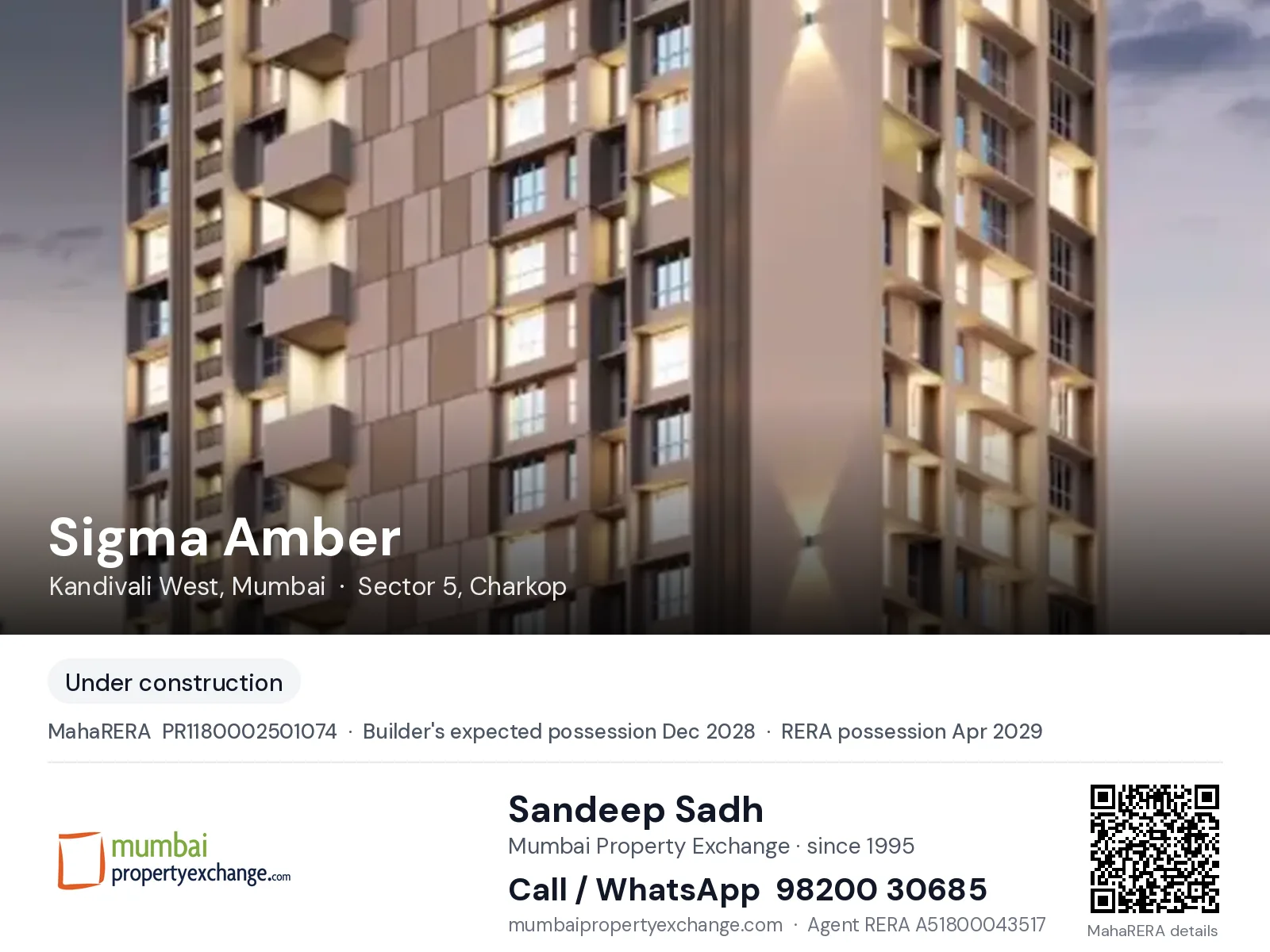 Sigma Amber, Kandivali West, Mumbai — new project, builder's expected possession Dec 2028, RERA possession Apr 2029 | Mumbai Property Exchange, Sandeep Sadh 98200 30685