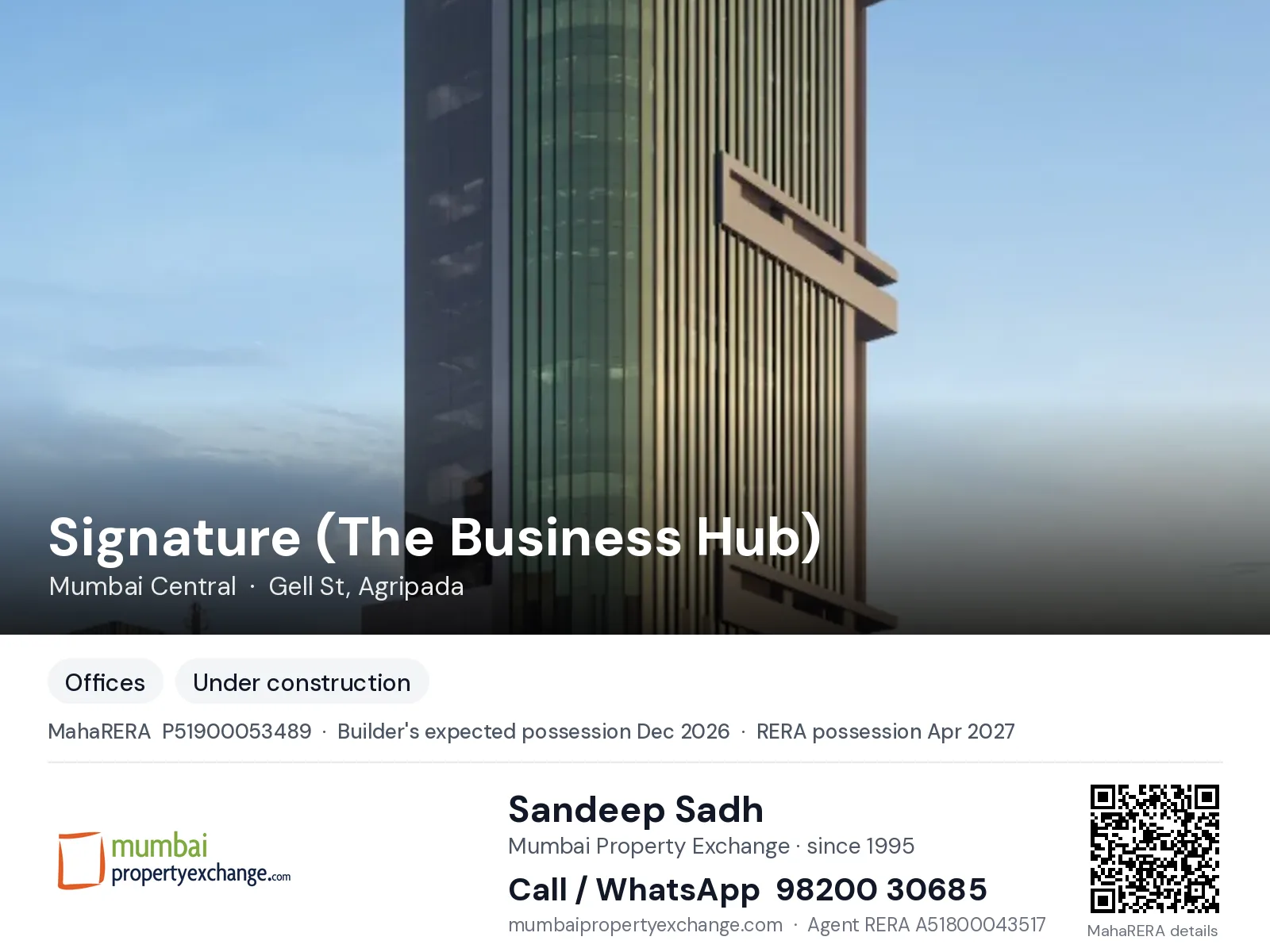 Signature (The Business Hub) by Rubberwala, Mumbai Central — new project, builder's expected possession Dec 2026, RERA possession Apr 2027 | Mumbai Property Exchange, Sandeep Sadh 98200 30685
