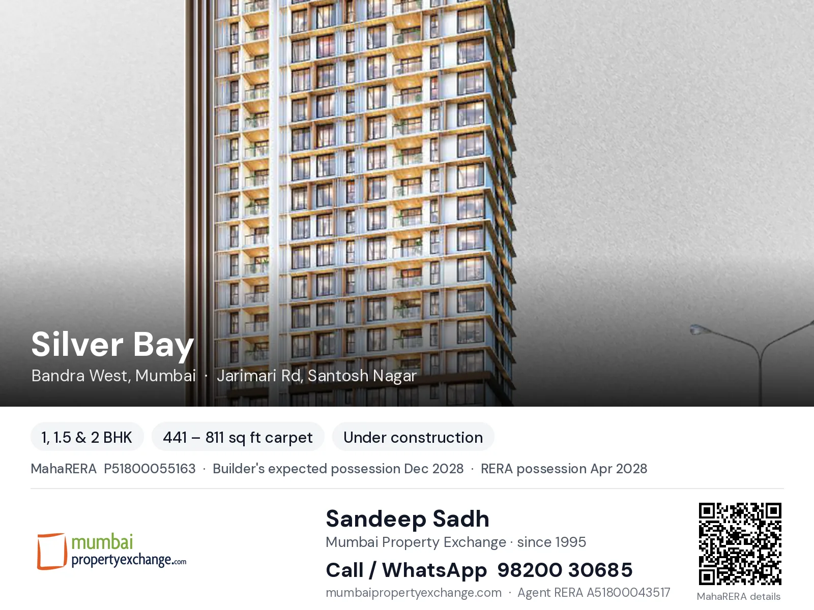 Silver Bay by Transcon, Bandra West, Mumbai — 1, 1.5 & 2 BHK new project, builder's expected possession Dec 2028, RERA possession Apr 2028 | Mumbai Property Exchange, Sandeep Sadh 98200 30685