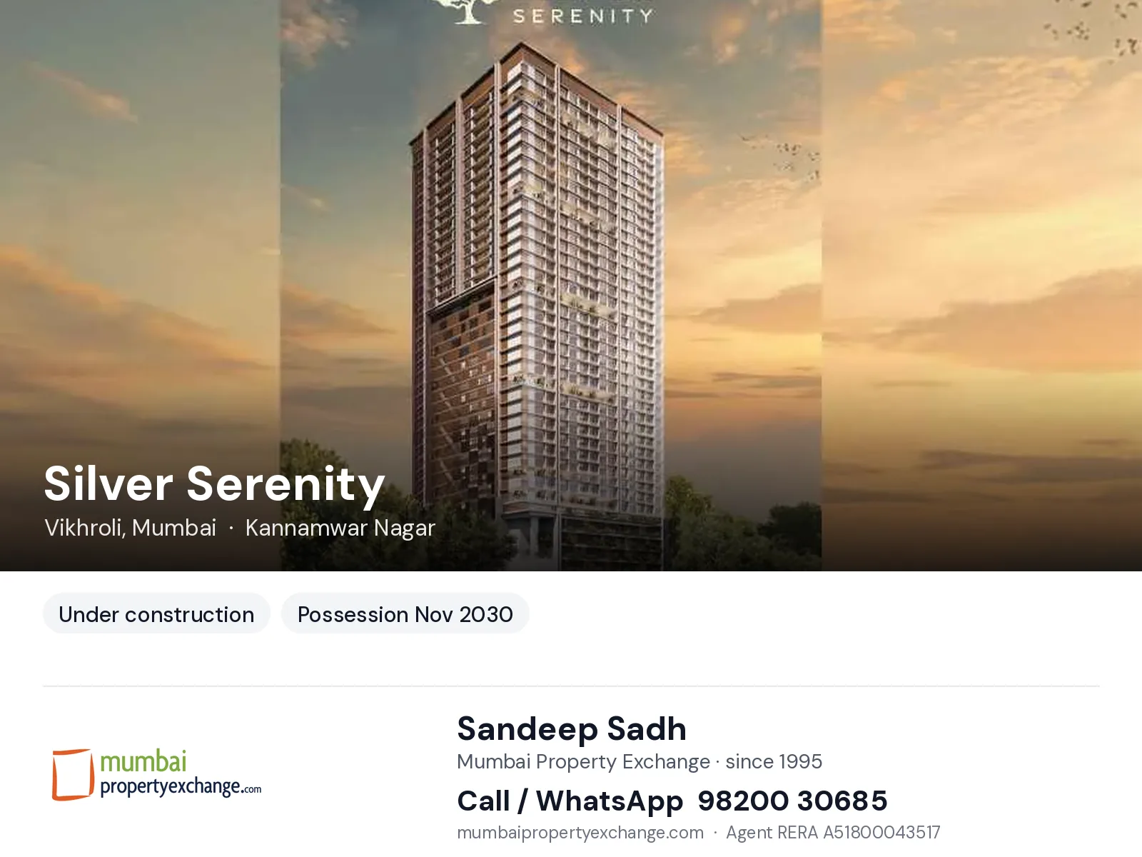 Silver Serenity, Vikhroli, Mumbai — new project, possession Nov 2030 | Mumbai Property Exchange, Sandeep Sadh 98200 30685