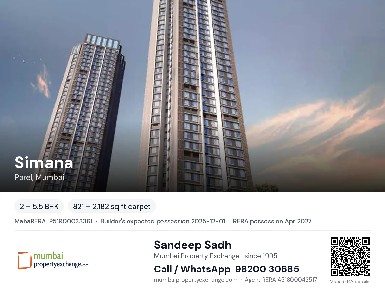 Simana by Bhoomi, Parel, Mumbai — 2 – 5.5 BHK new project, builder's expected possession 2025-12-01, RERA possession Apr 2027 | Mumbai Property Exchange, Sandeep Sadh 98200 30685