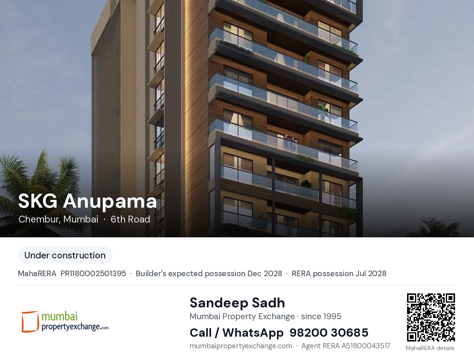 SKG Anupama by Shree Krishna, Chembur, Mumbai — new project, builder's expected possession Dec 2028, RERA possession Jul 2028 | Mumbai Property Exchange, Sandeep Sadh 98200 30685