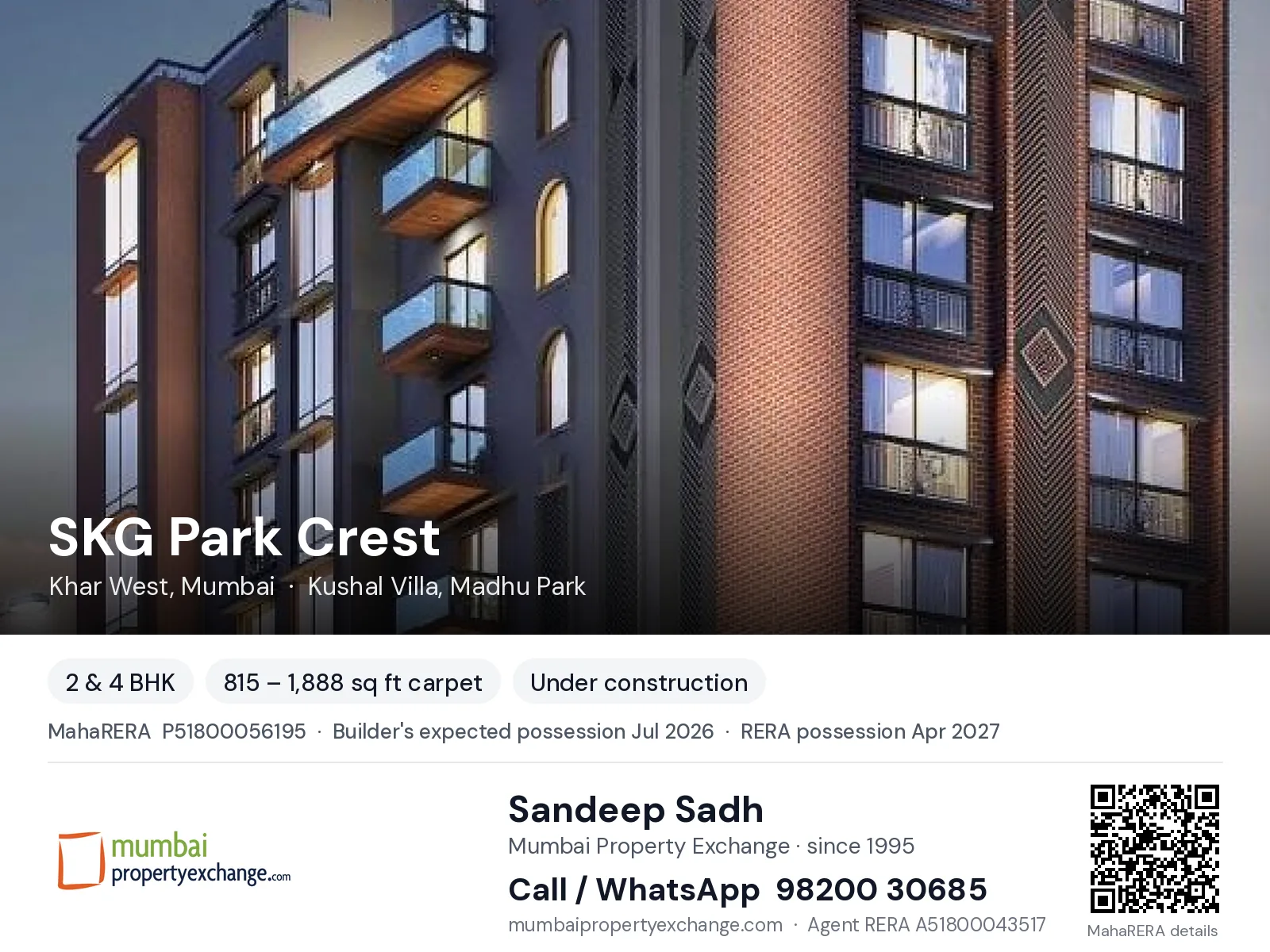 SKG Park Crest by Shree Krishna, Khar West, Mumbai — 2 & 4 BHK new project, builder's expected possession Jul 2026, RERA possession Apr 2027 | Mumbai Property Exchange, Sandeep Sadh 98200 30685