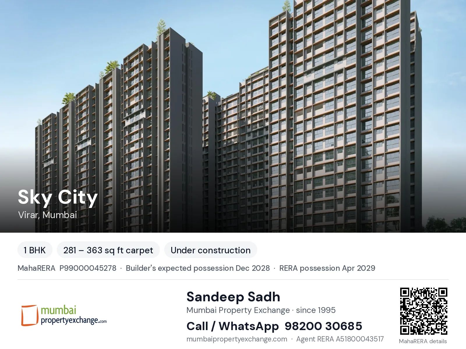 Sky City by Poonam, Virar, Mumbai — 1 BHK new project, builder's expected possession Dec 2028, RERA possession Apr 2029 | Mumbai Property Exchange, Sandeep Sadh 98200 30685
