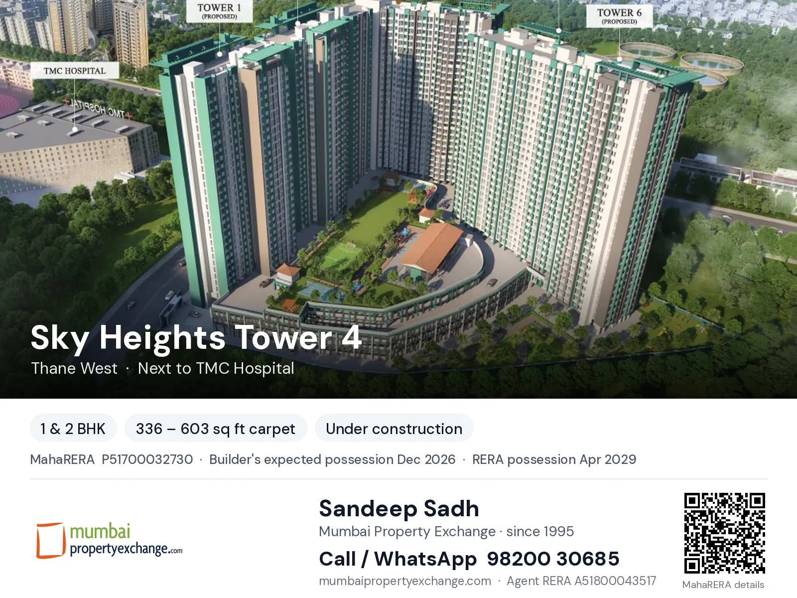 Sky Heights Tower 4 by Virani, Thane West — 1 & 2 BHK new project, builder's expected possession Dec 2026, RERA possession Apr 2029 | Mumbai Property Exchange, Sandeep Sadh 98200 30685