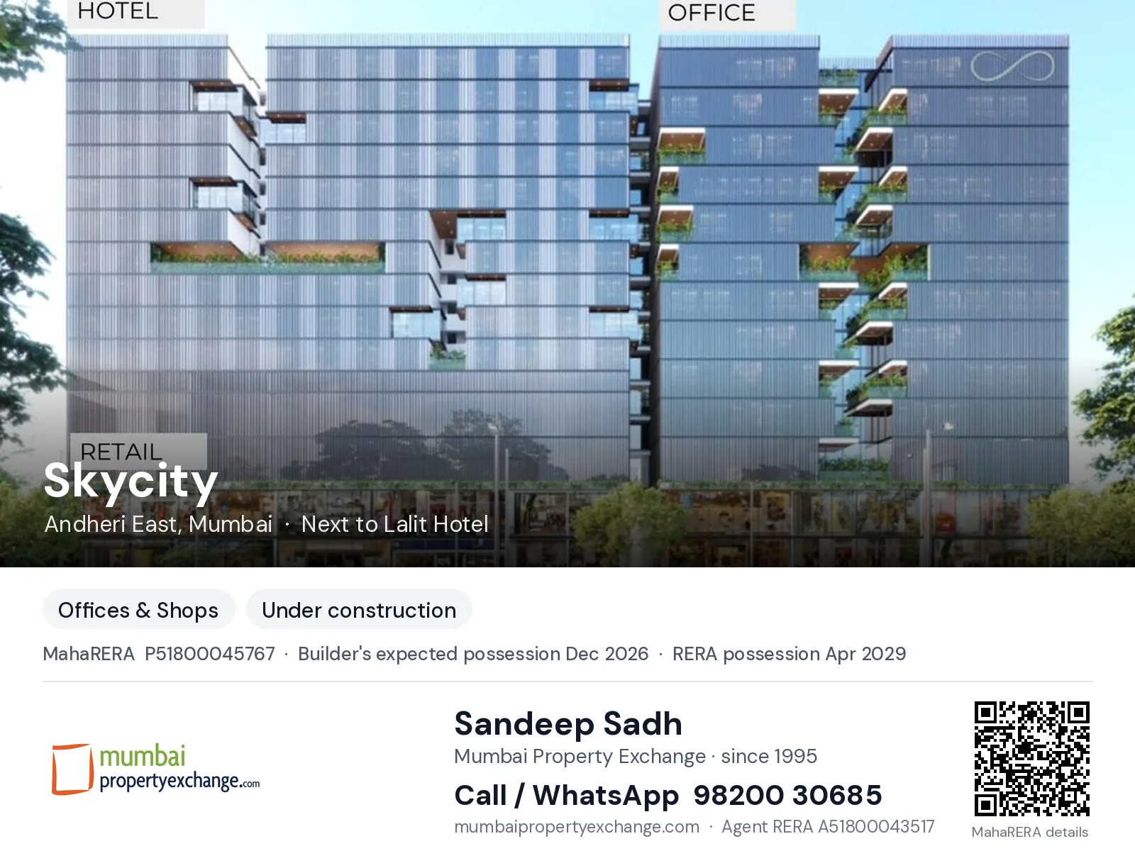 Skycity by Mellora, Andheri East, Mumbai — new project, builder's expected possession Dec 2026, RERA possession Apr 2029 | Mumbai Property Exchange, Sandeep Sadh 98200 30685