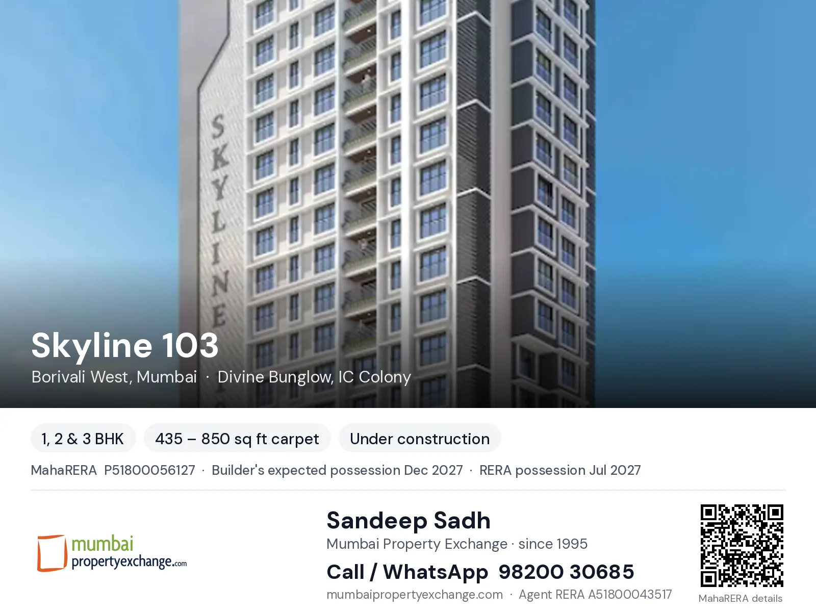 Skyline 103 by Panchnaad, Borivali West, Mumbai — 1, 2 & 3 BHK new project, builder's expected possession Dec 2027, RERA possession Jul 2027 | Mumbai Property Exchange, Sandeep Sadh 98200 30685