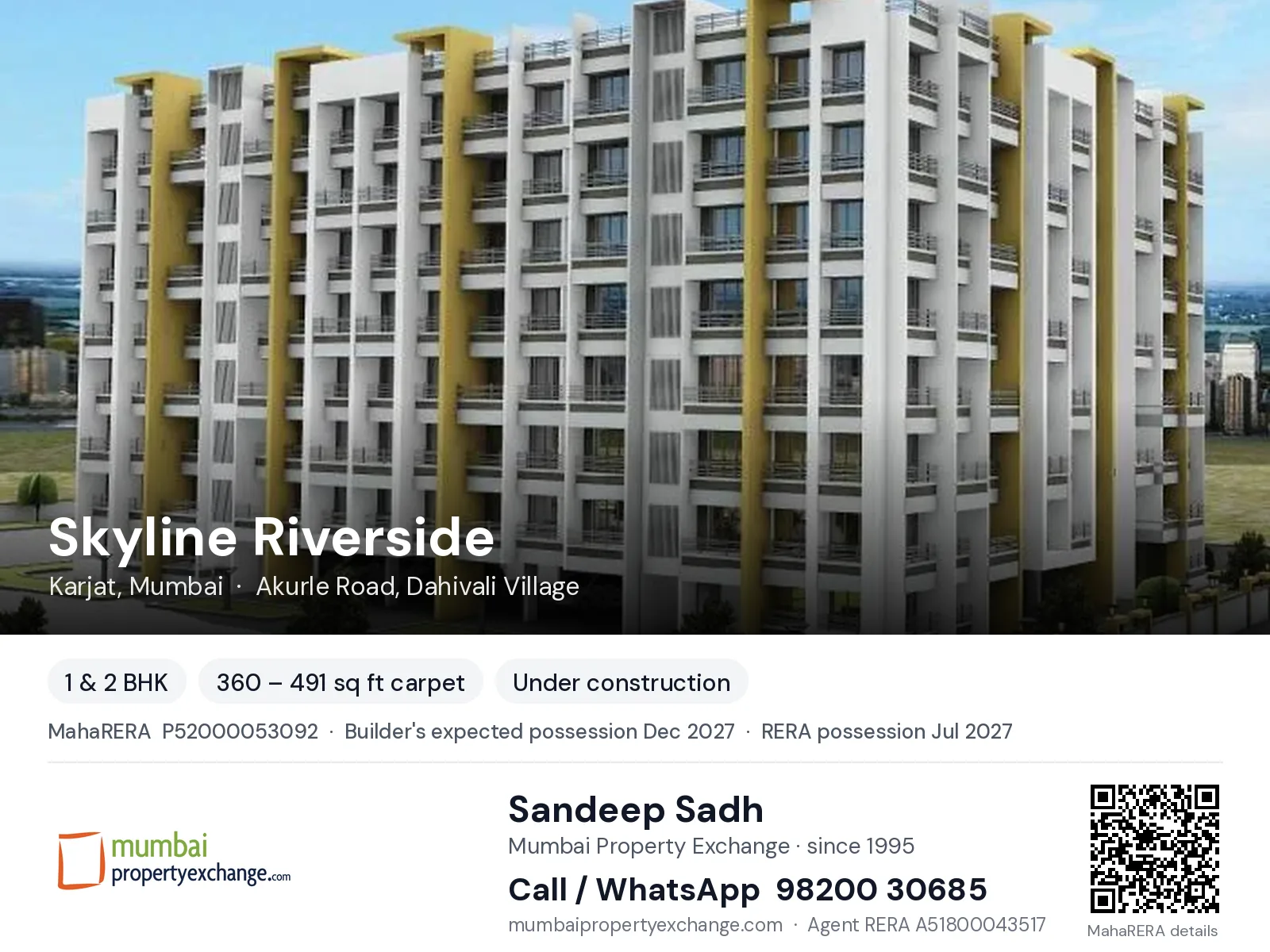 Skyline Riverside, Karjat, Mumbai — 1 & 2 BHK new project, builder's expected possession Dec 2027, RERA possession Jul 2027 | Mumbai Property Exchange, Sandeep Sadh 98200 30685