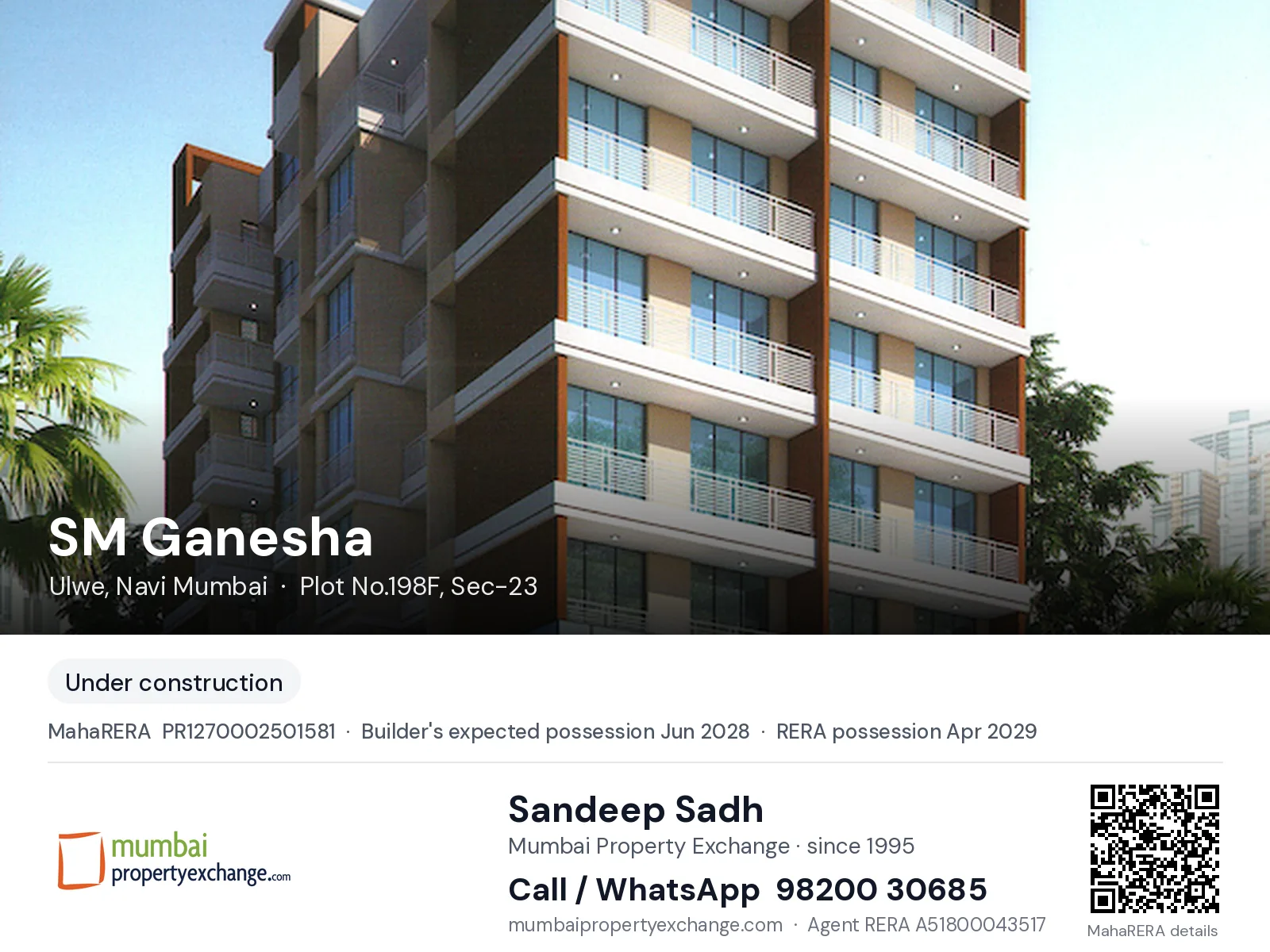 SM Ganesha, Ulwe, Navi Mumbai — new project, builder's expected possession Jun 2028, RERA possession Apr 2029 | Mumbai Property Exchange, Sandeep Sadh 98200 30685