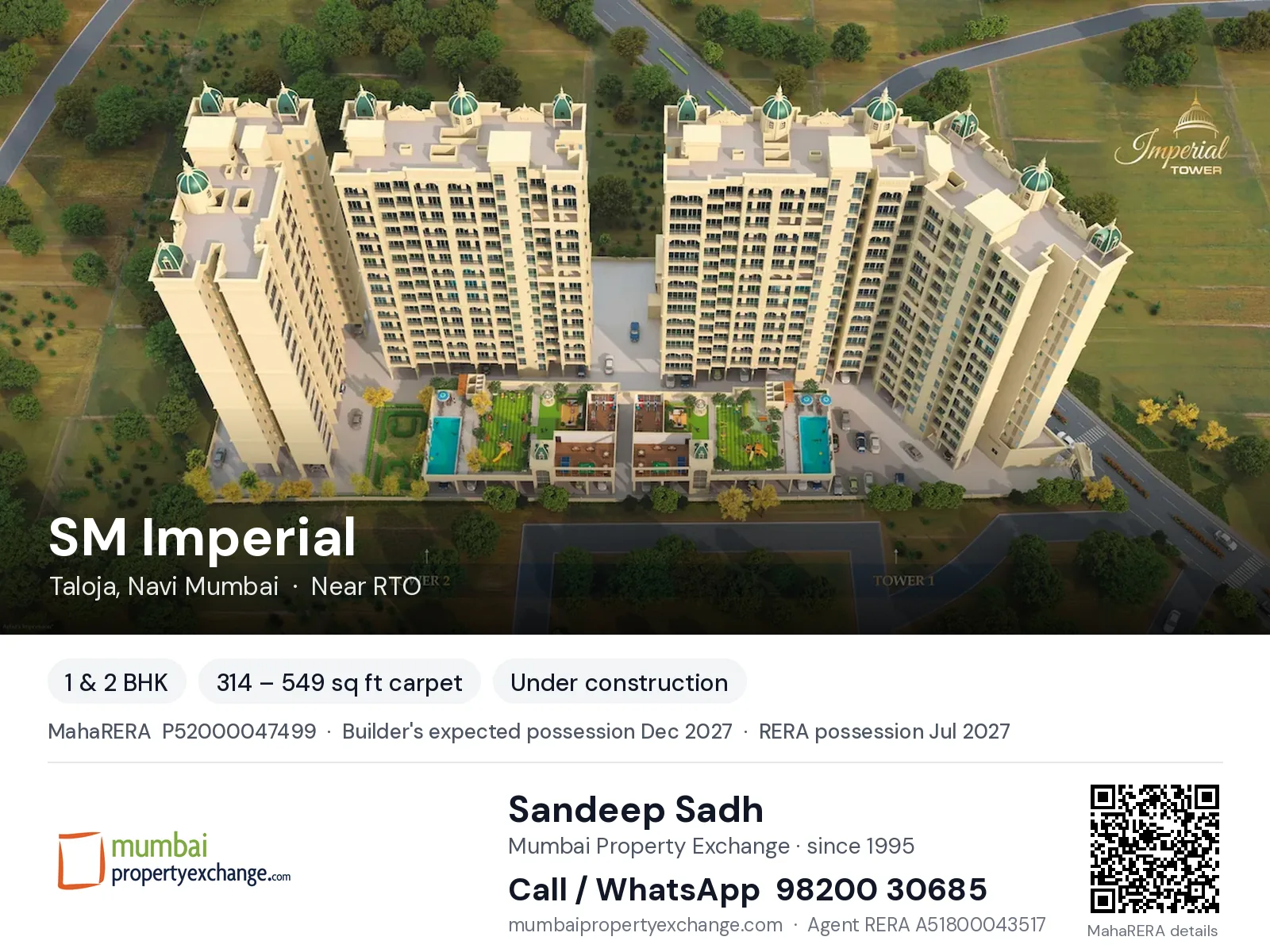 SM Imperial by S.M. Hitech, Taloja, Navi Mumbai — 1 & 2 BHK new project, builder's expected possession Dec 2027, RERA possession Jul 2027 | Mumbai Property Exchange, Sandeep Sadh 98200 30685
