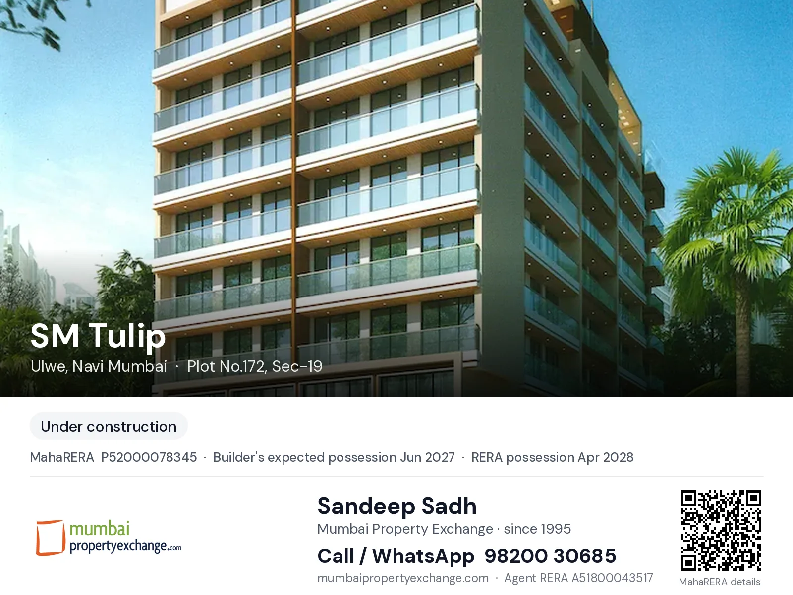 SM Tulip, Ulwe, Navi Mumbai — new project, builder's expected possession Jun 2027, RERA possession Apr 2028 | Mumbai Property Exchange, Sandeep Sadh 98200 30685