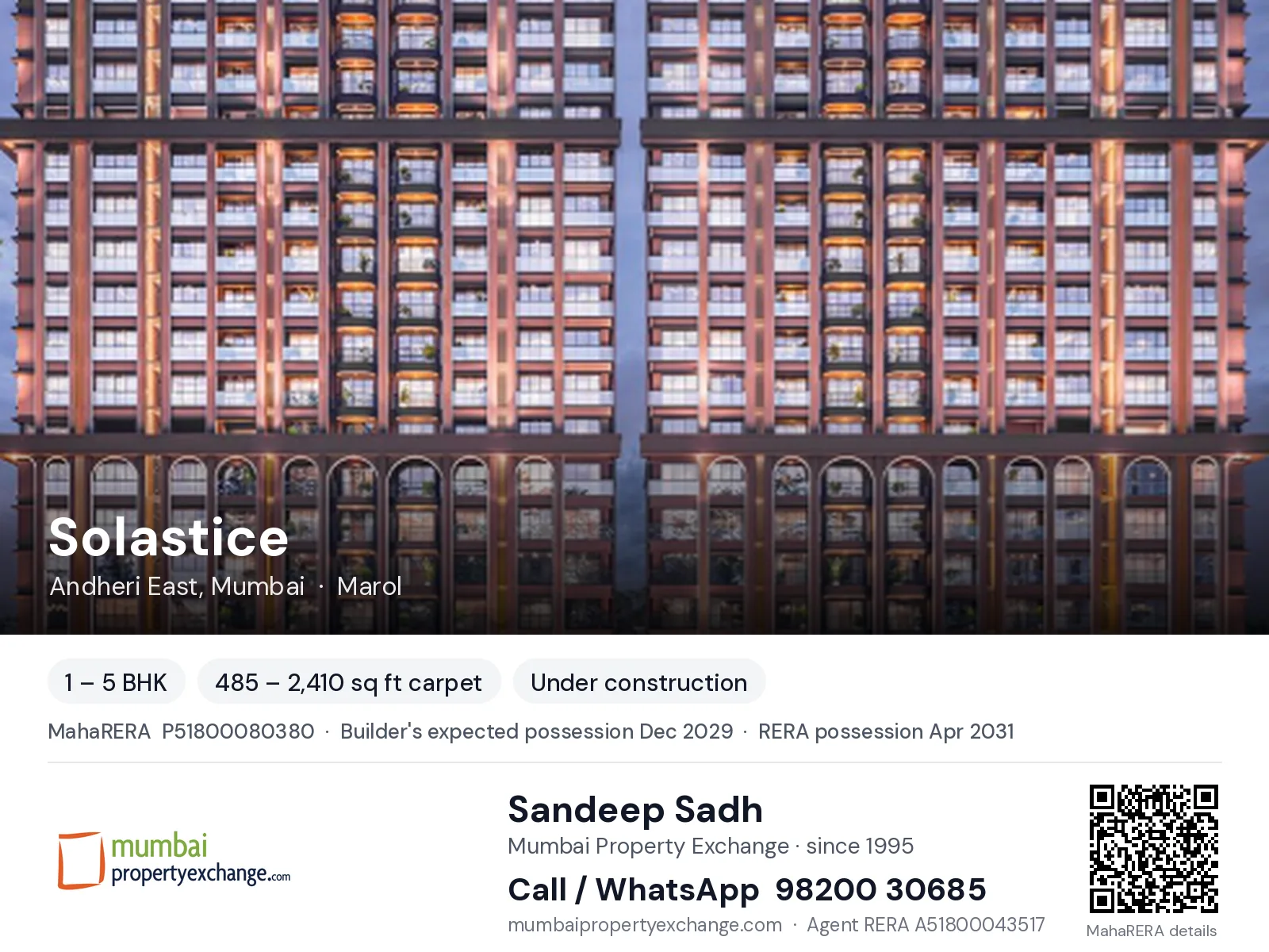 Solastice by Baya, Andheri East, Mumbai — 1 – 5 BHK new project, builder's expected possession Dec 2029, RERA possession Apr 2031 | Mumbai Property Exchange, Sandeep Sadh 98200 30685