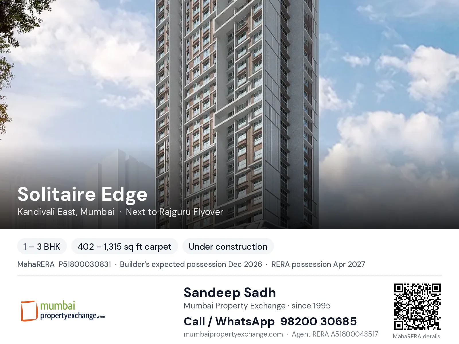 Solitaire Edge by Mahaveer, Kandivali East, Mumbai — 1 – 3 BHK new project, builder's expected possession Dec 2026, RERA possession Apr 2027 | Mumbai Property Exchange, Sandeep Sadh 98200 30685