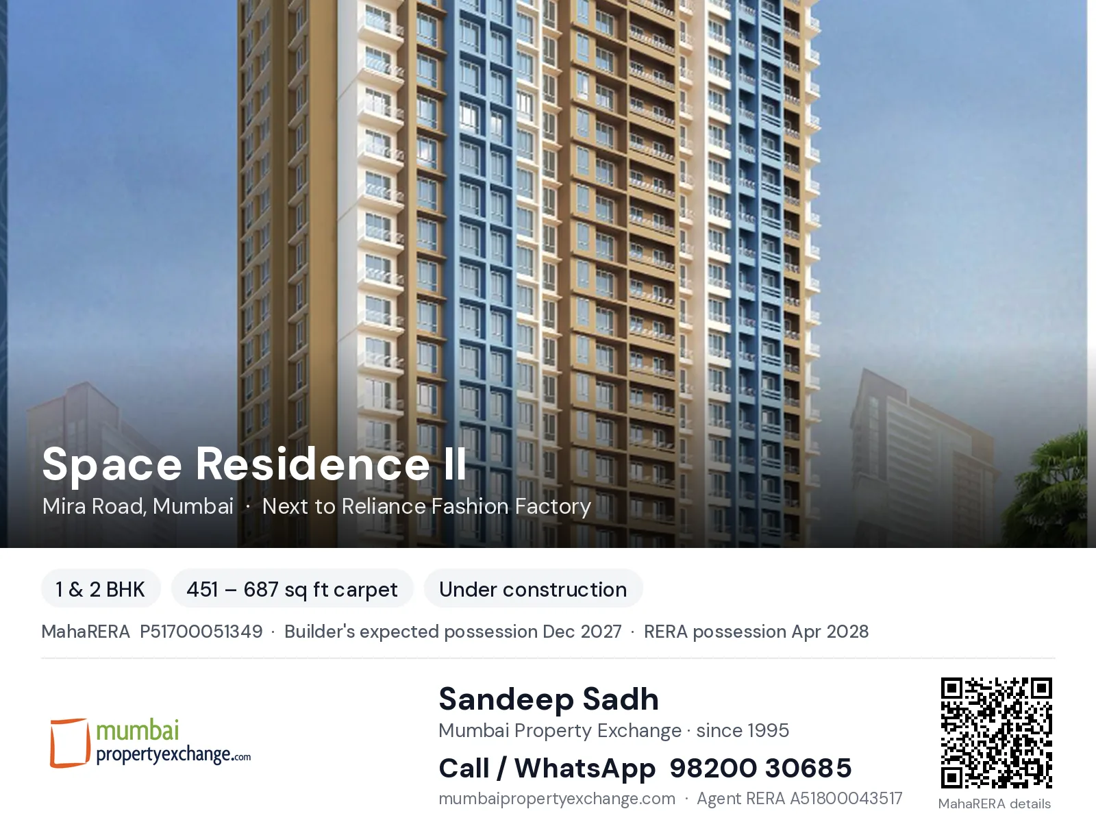 Space Residence II, Mira Road, Mumbai — 1 & 2 BHK new project, builder's expected possession Dec 2027, RERA possession Apr 2028 | Mumbai Property Exchange, Sandeep Sadh 98200 30685