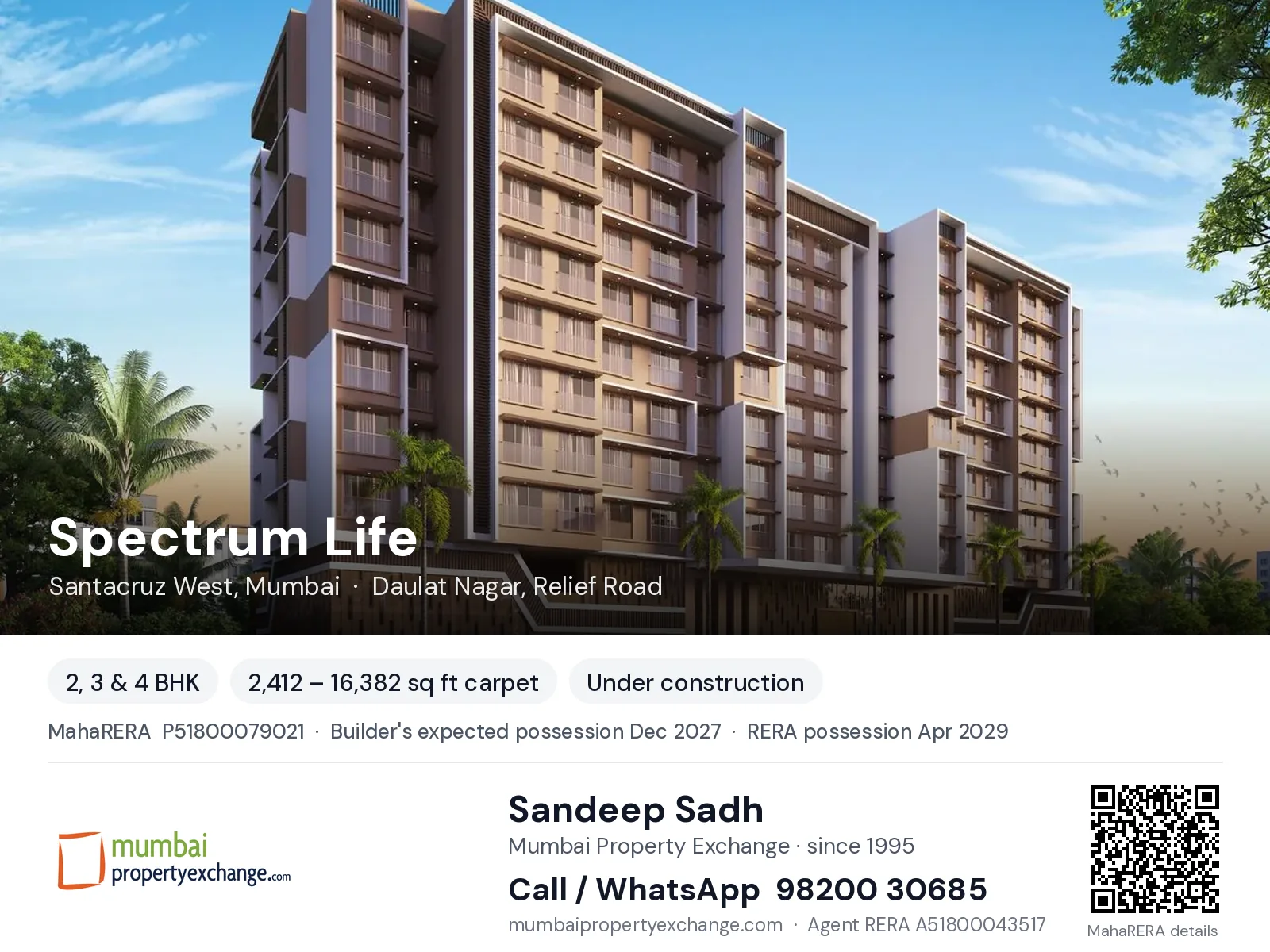 Spectrum Life, Santacruz West, Mumbai — 2, 3 & 4 BHK new project, builder's expected possession Dec 2027, RERA possession Apr 2029 | Mumbai Property Exchange, Sandeep Sadh 98200 30685