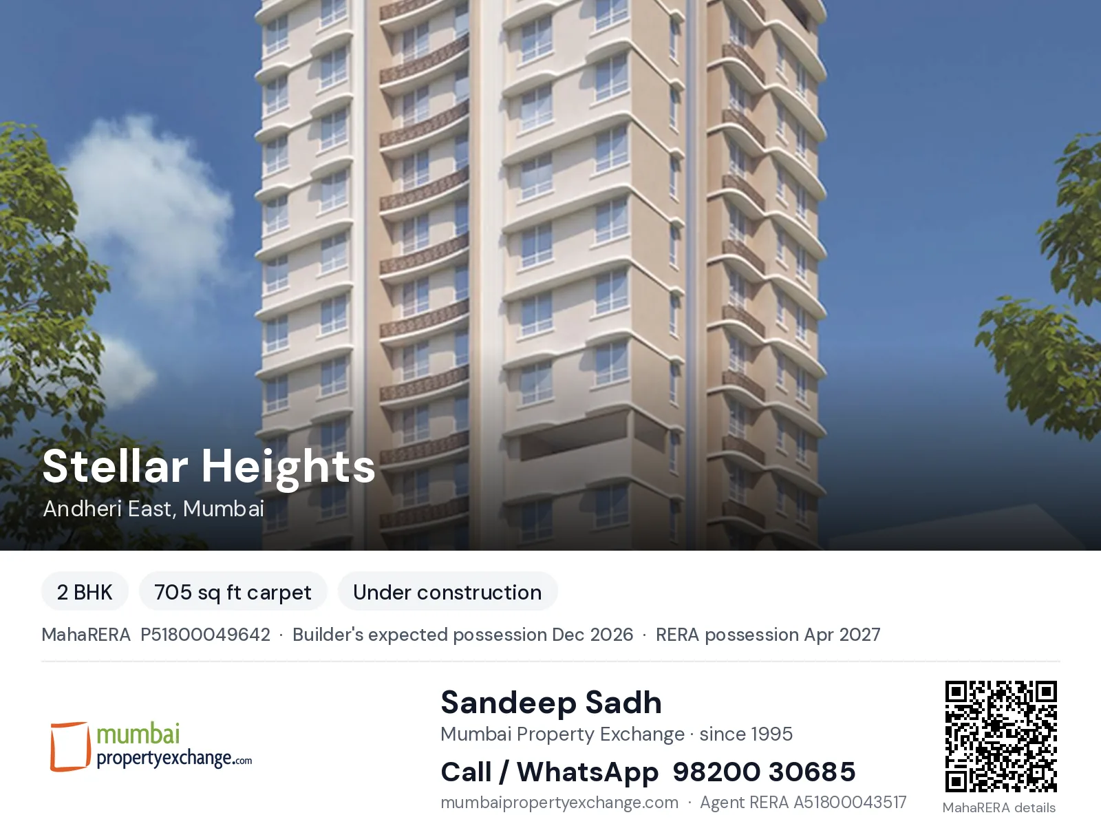 Stellar Heights by Starwing, Andheri East, Mumbai — 2 BHK new project, builder's expected possession Dec 2026, RERA possession Apr 2027 | Mumbai Property Exchange, Sandeep Sadh 98200 30685