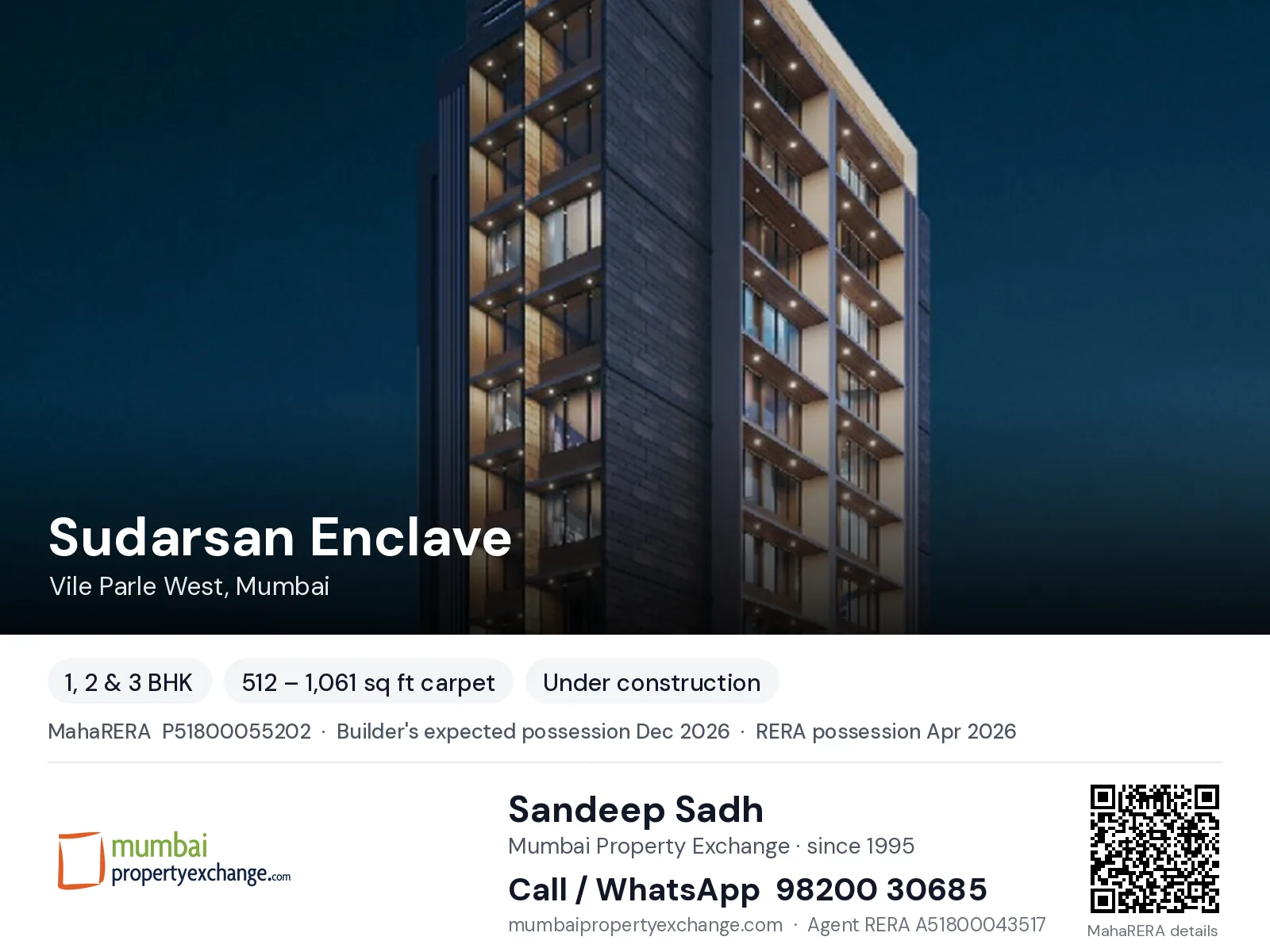 Sudarsan Enclave, Vile Parle West, Mumbai — 1, 2 & 3 BHK new project, builder's expected possession Dec 2026, RERA possession Apr 2026 | Mumbai Property Exchange, Sandeep Sadh 98200 30685