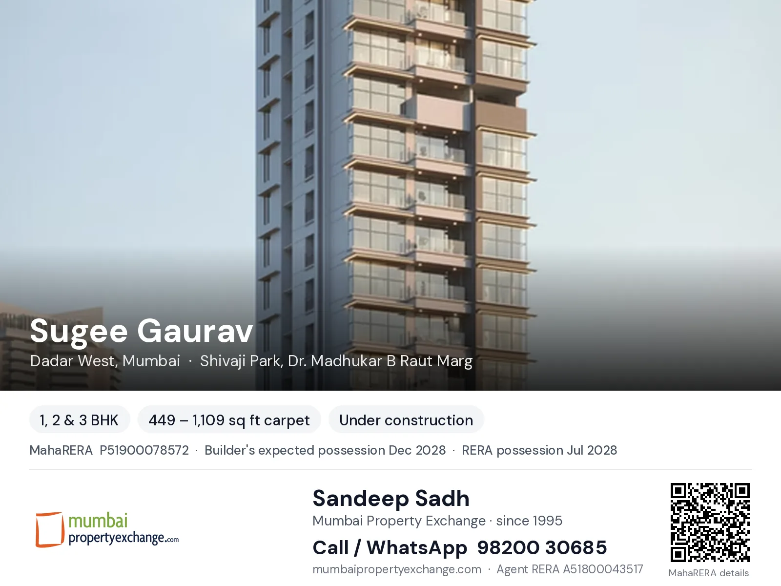Sugee Gaurav, Dadar West, Mumbai — 1, 2 & 3 BHK new project, builder's expected possession Dec 2028, RERA possession Jul 2028 | Mumbai Property Exchange, Sandeep Sadh 98200 30685