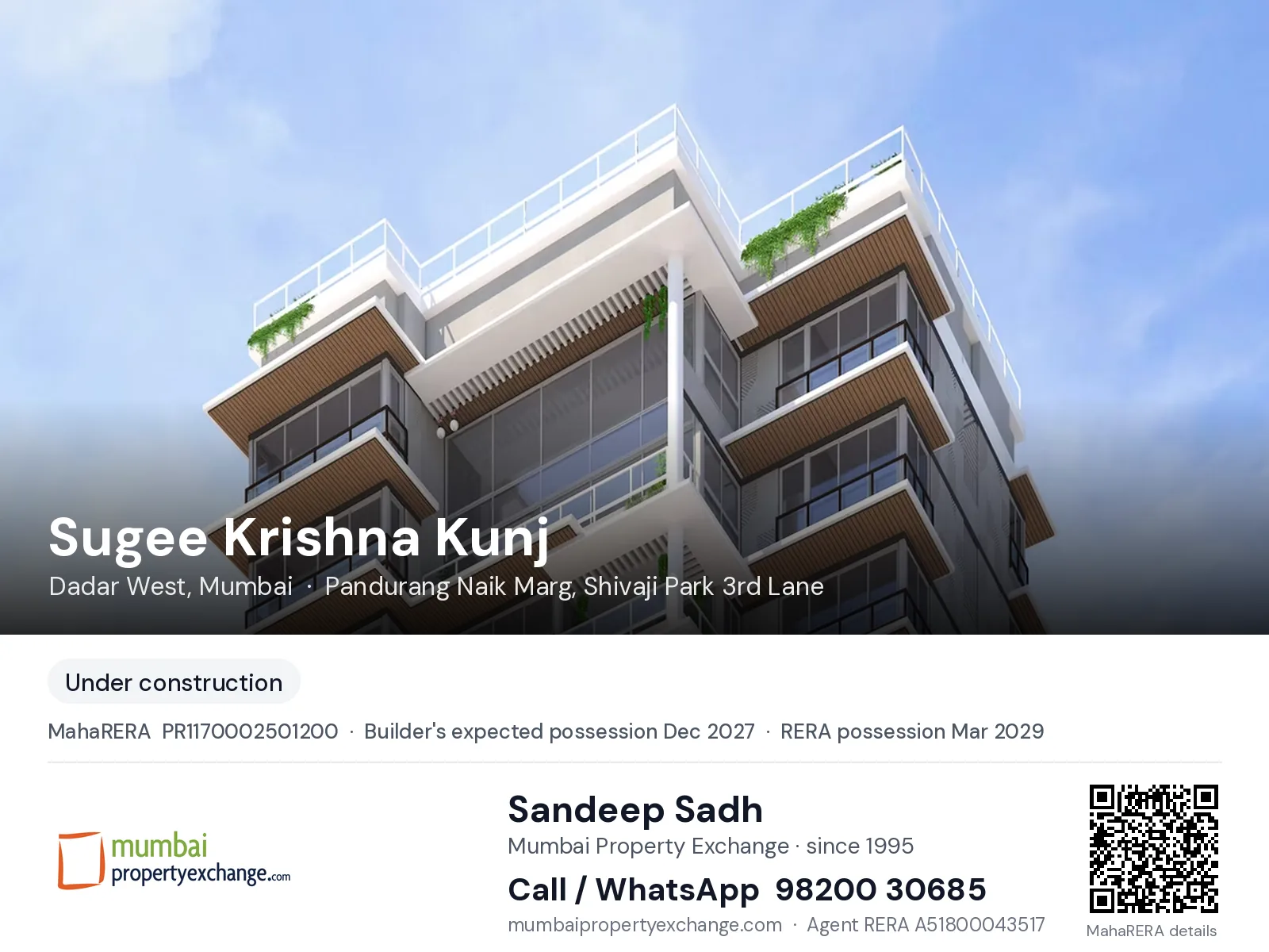 Sugee Krishna Kunj, Dadar West, Mumbai — new project, builder's expected possession Dec 2027, RERA possession Mar 2029 | Mumbai Property Exchange, Sandeep Sadh 98200 30685