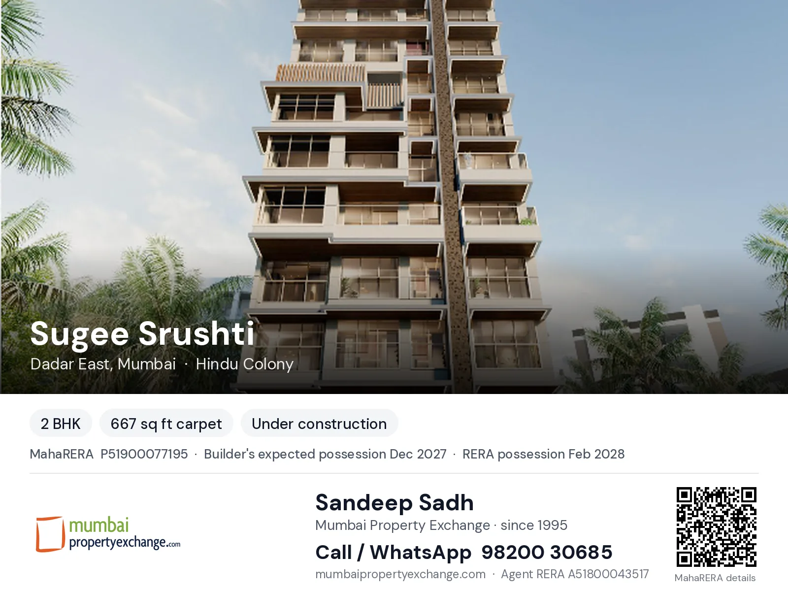 Sugee Srushti, Dadar East, Mumbai — 2 BHK new project, builder's expected possession Dec 2027, RERA possession Feb 2028 | Mumbai Property Exchange, Sandeep Sadh 98200 30685