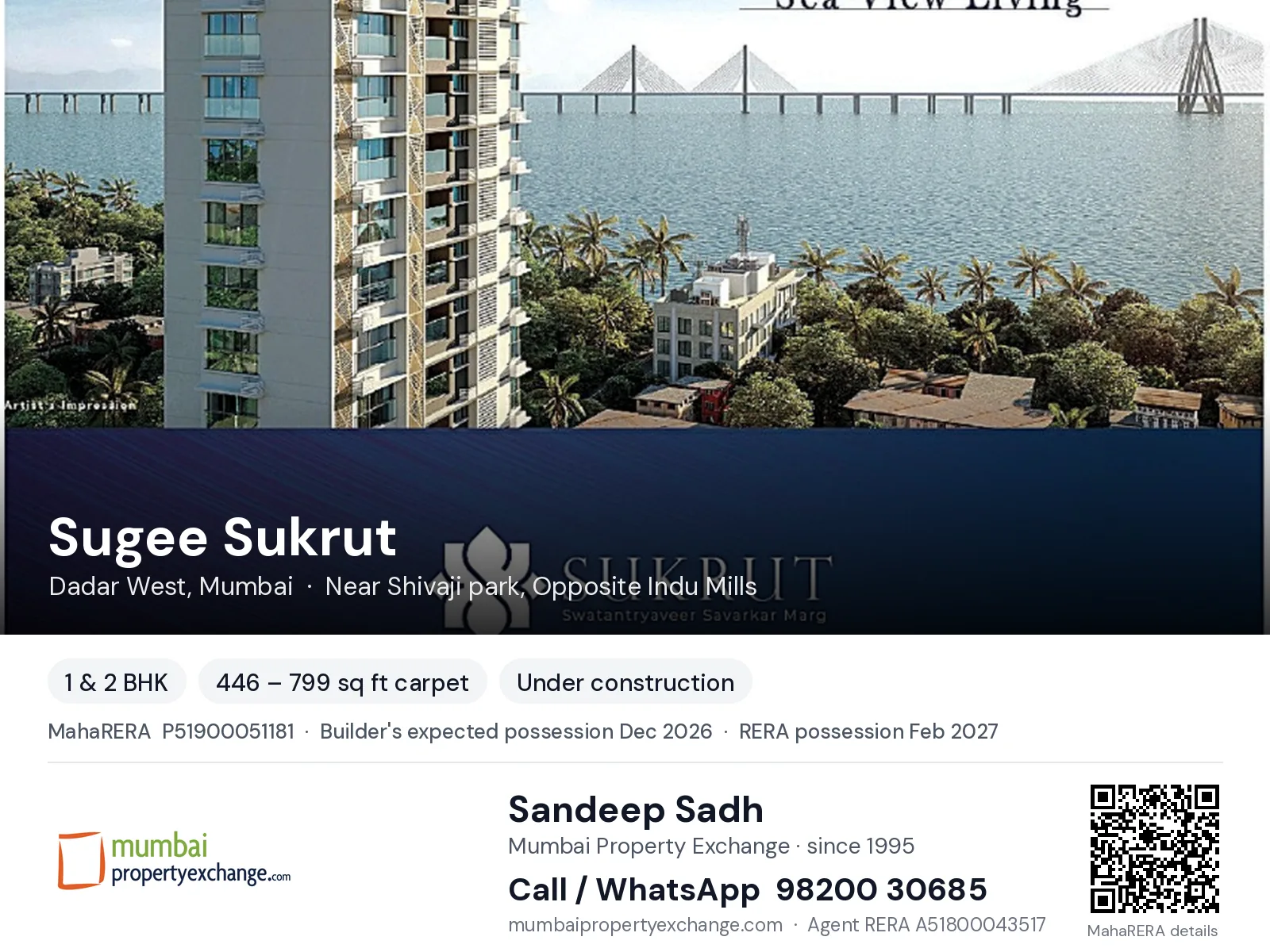 Sugee Sukrut, Dadar West, Mumbai — 1 & 2 BHK new project, builder's expected possession Dec 2026, RERA possession Feb 2027 | Mumbai Property Exchange, Sandeep Sadh 98200 30685