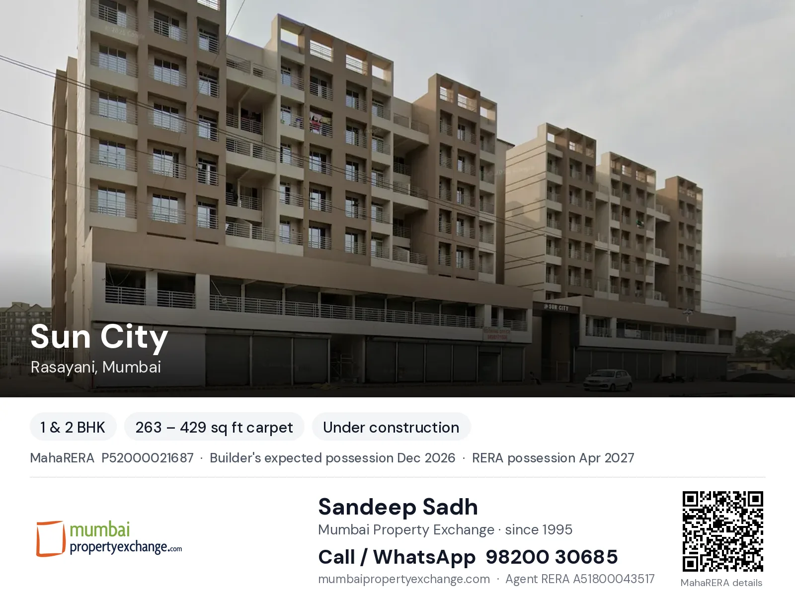 Sun City by Emperia, Rasayani, Mumbai — 1 & 2 BHK new project, builder's expected possession Dec 2026, RERA possession Apr 2027 | Mumbai Property Exchange, Sandeep Sadh 98200 30685