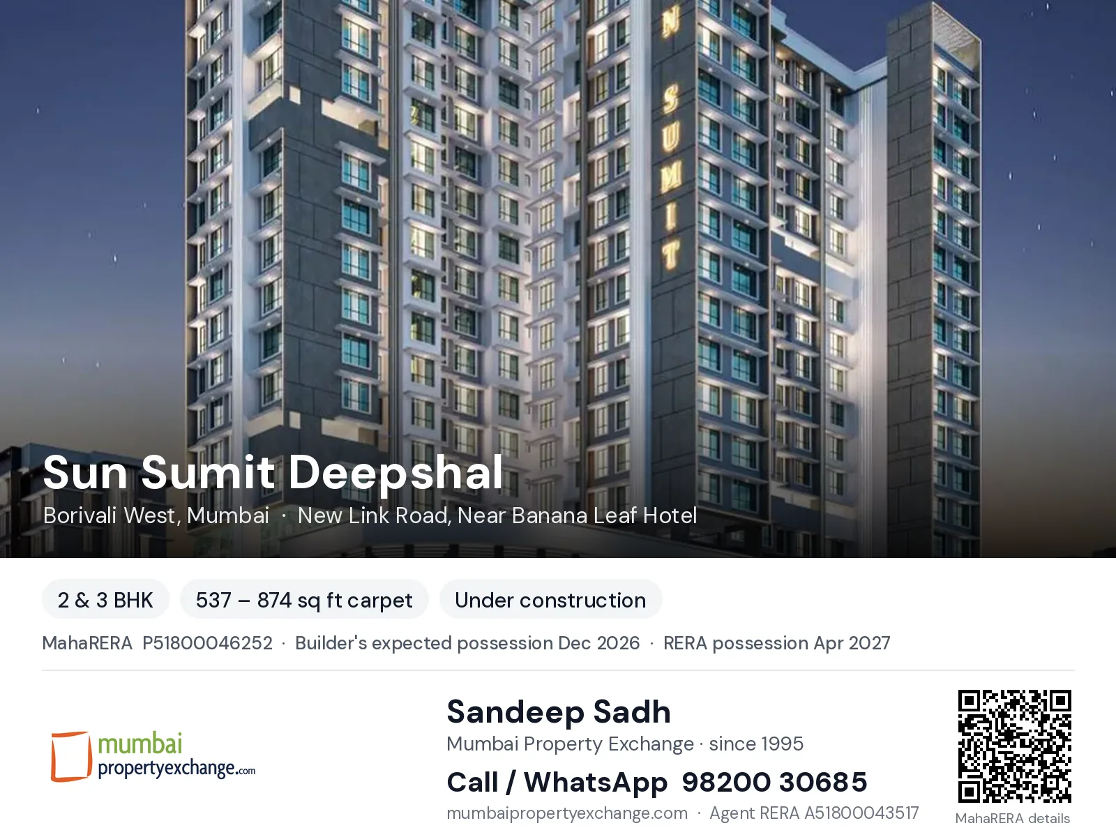 Sun Sumit Deepshal, Borivali West, Mumbai — 2 & 3 BHK new project, builder's expected possession Dec 2026, RERA possession Apr 2027 | Mumbai Property Exchange, Sandeep Sadh 98200 30685