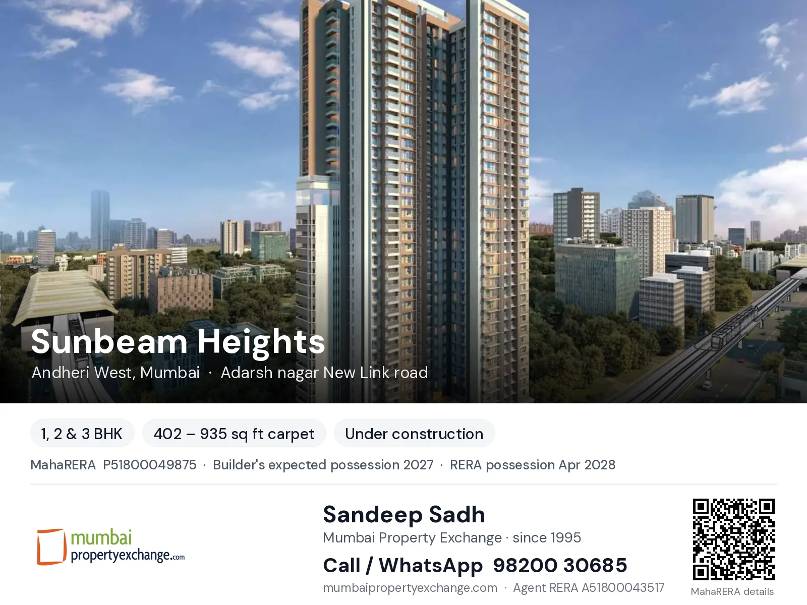 Sunbeam Heights, Andheri West, Mumbai — 1, 2 & 3 BHK new project, builder's expected possession 2027, RERA possession Apr 2028 | Mumbai Property Exchange, Sandeep Sadh 98200 30685