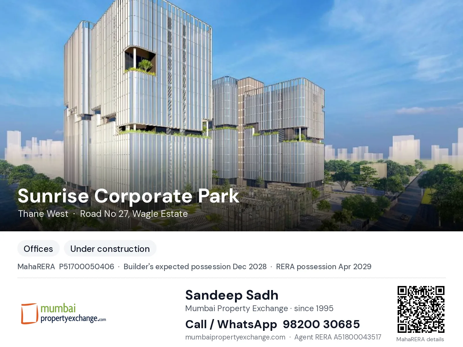 Sunrise Corporate Park, Thane West — new project, builder's expected possession Dec 2028, RERA possession Apr 2029 | Mumbai Property Exchange, Sandeep Sadh 98200 30685