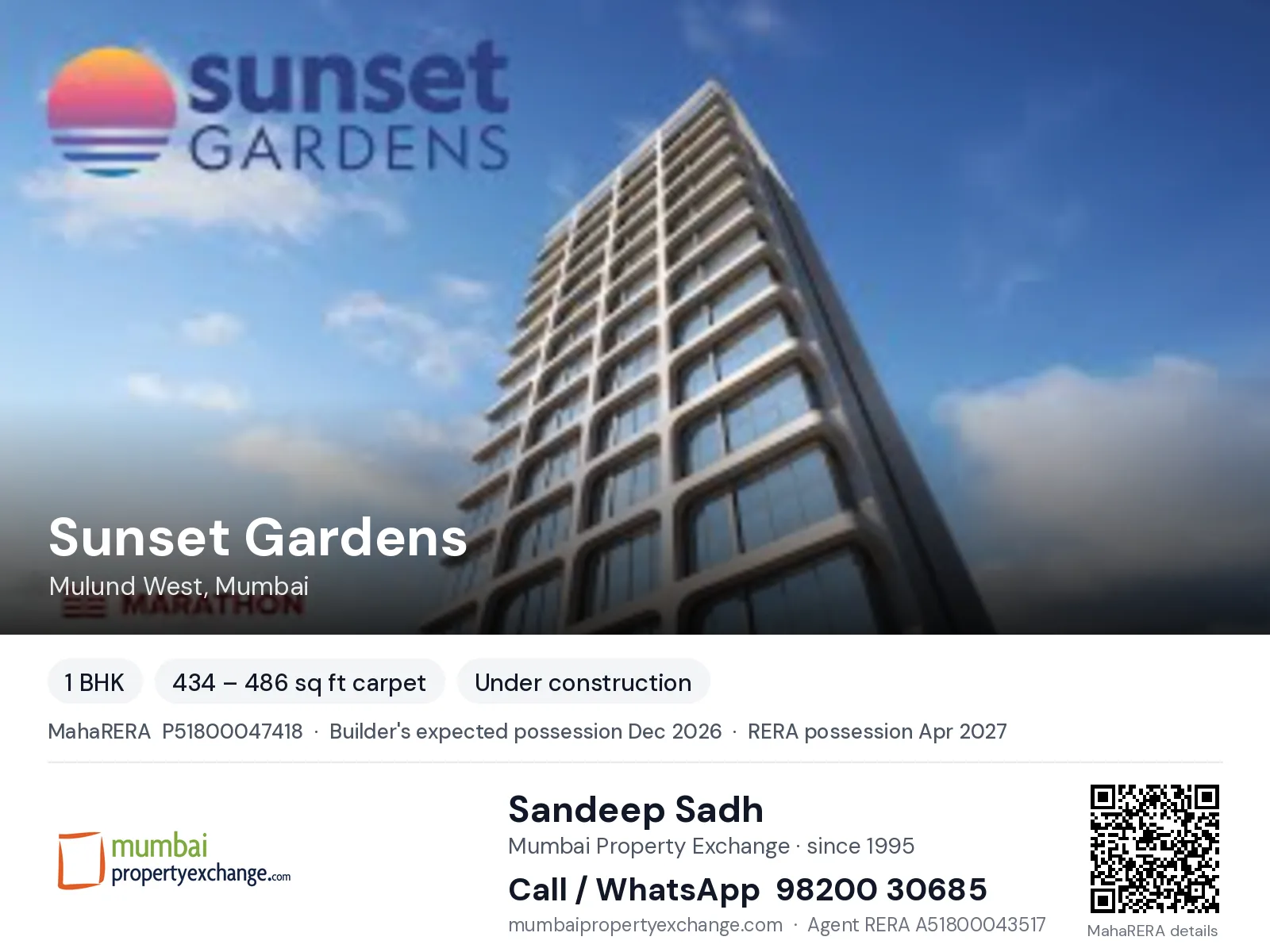 Sunset Gardens by Marathon, Mulund West, Mumbai — 1 BHK new project, builder's expected possession Dec 2026, RERA possession Apr 2027 | Mumbai Property Exchange, Sandeep Sadh 98200 30685