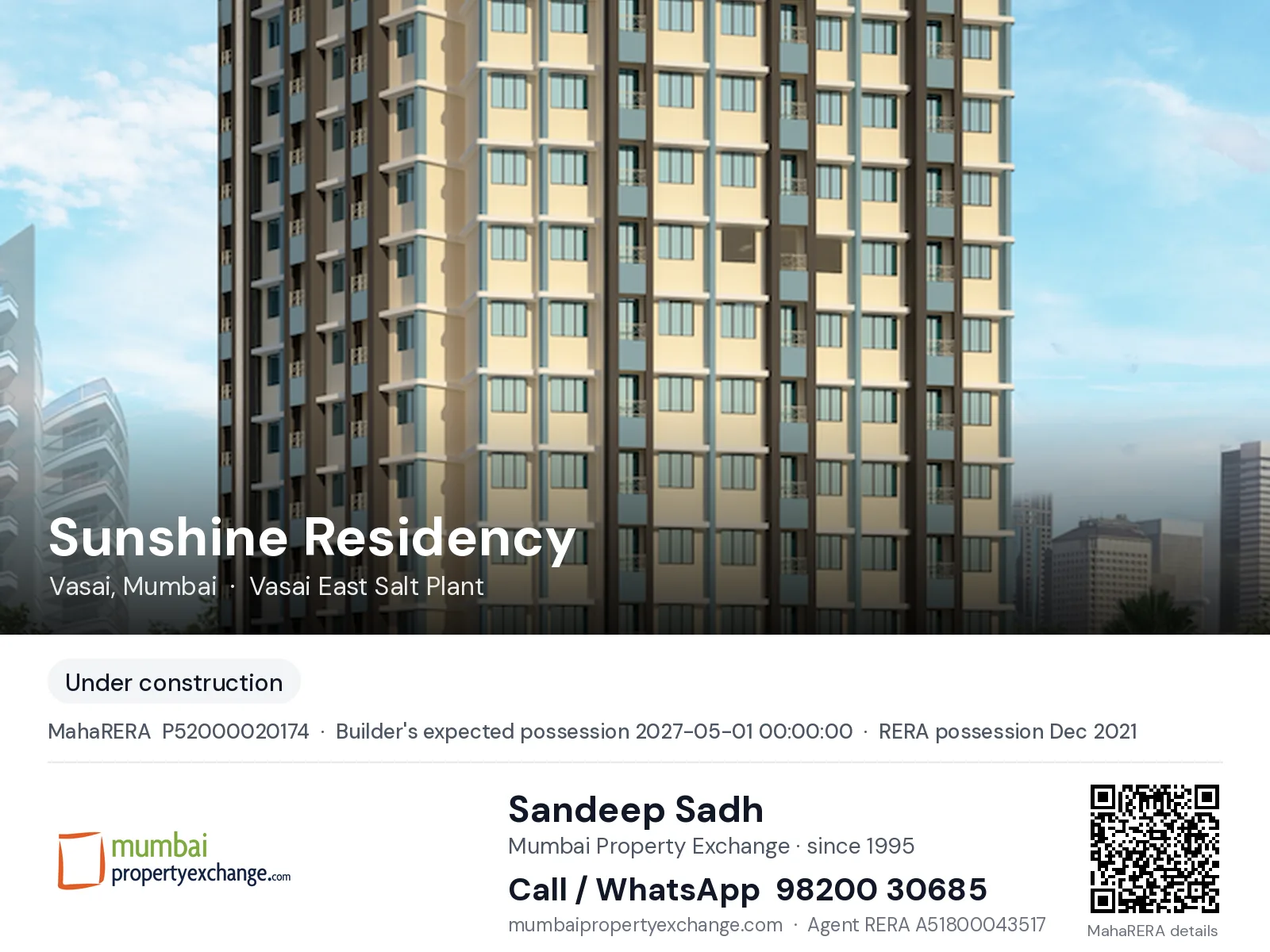 Sunshine Residency by Shantee, Vasai, Mumbai — new project, builder's expected possession 2027-05-01 00:00:00, RERA possession Dec 2021 | Mumbai Property Exchange, Sandeep Sadh 98200 30685