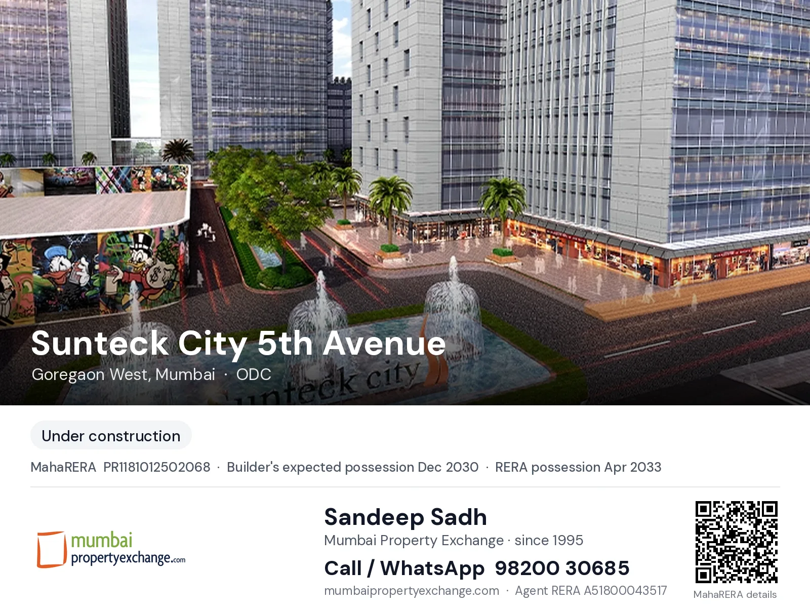 Sunteck City 5th Avenue, Goregaon West, Mumbai — new project, builder's expected possession Dec 2030, RERA possession Apr 2033 | Mumbai Property Exchange, Sandeep Sadh 98200 30685