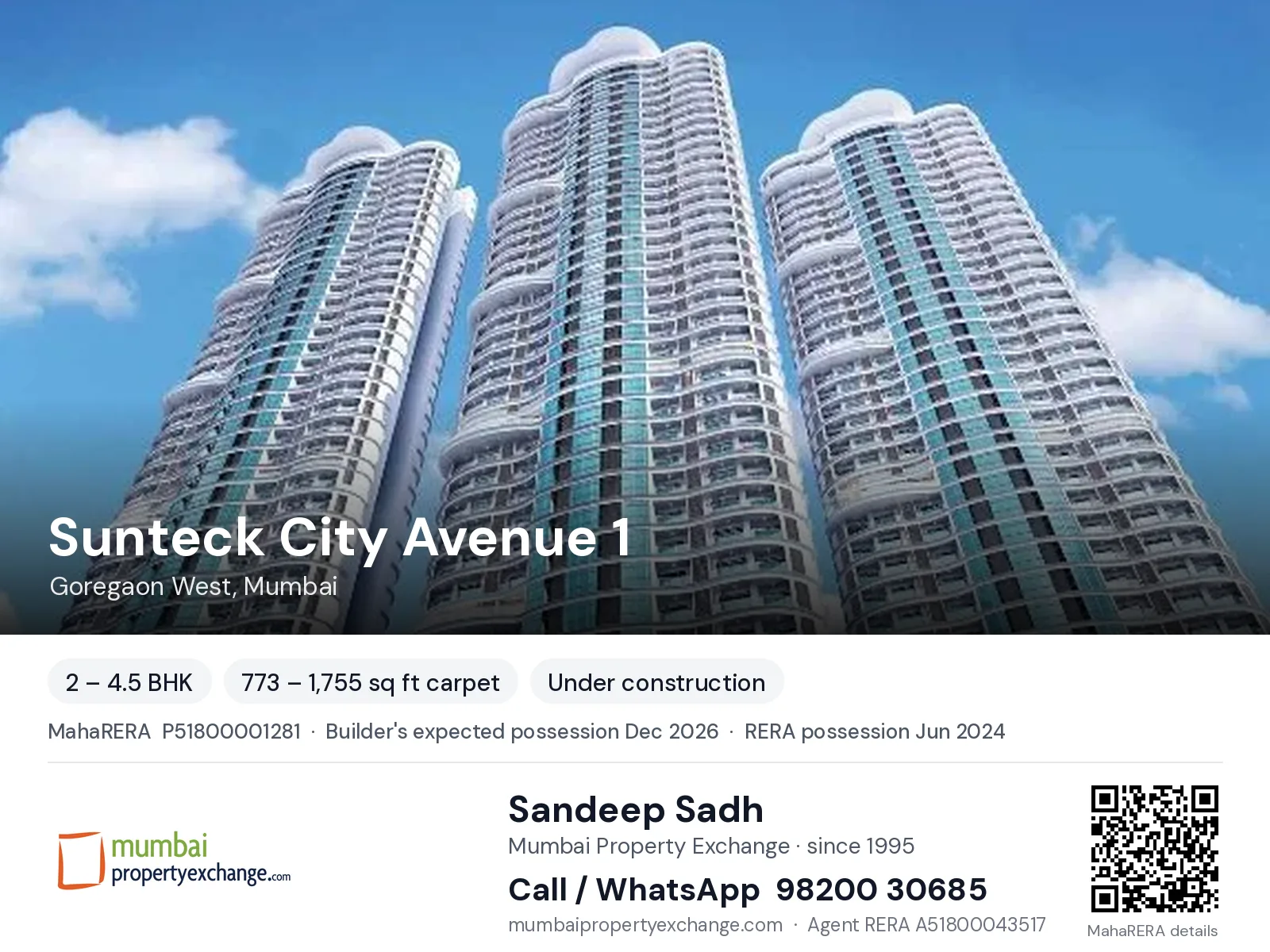 Sunteck City Avenue 1, Goregaon West, Mumbai — 2 – 4.5 BHK new project, builder's expected possession Dec 2026, RERA possession Jun 2024 | Mumbai Property Exchange, Sandeep Sadh 98200 30685