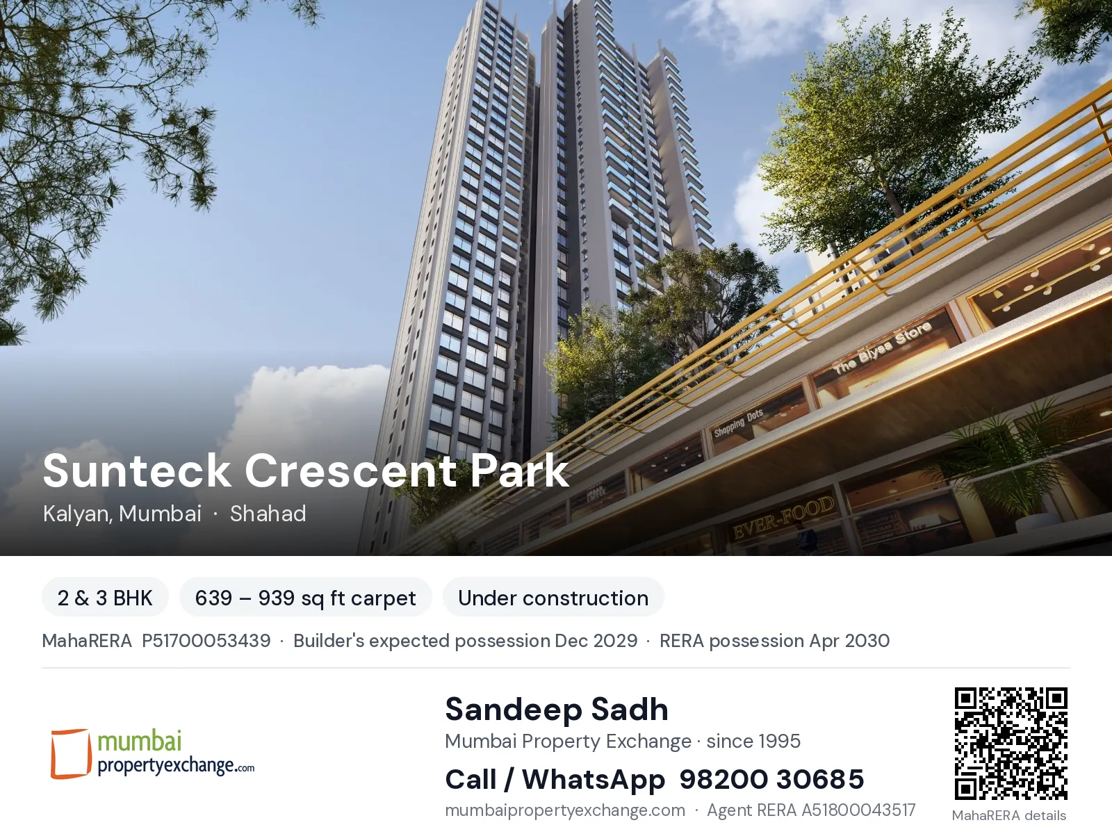 Sunteck Crescent Park, Kalyan, Mumbai — 2 & 3 BHK new project, builder's expected possession Dec 2029, RERA possession Apr 2030 | Mumbai Property Exchange, Sandeep Sadh 98200 30685