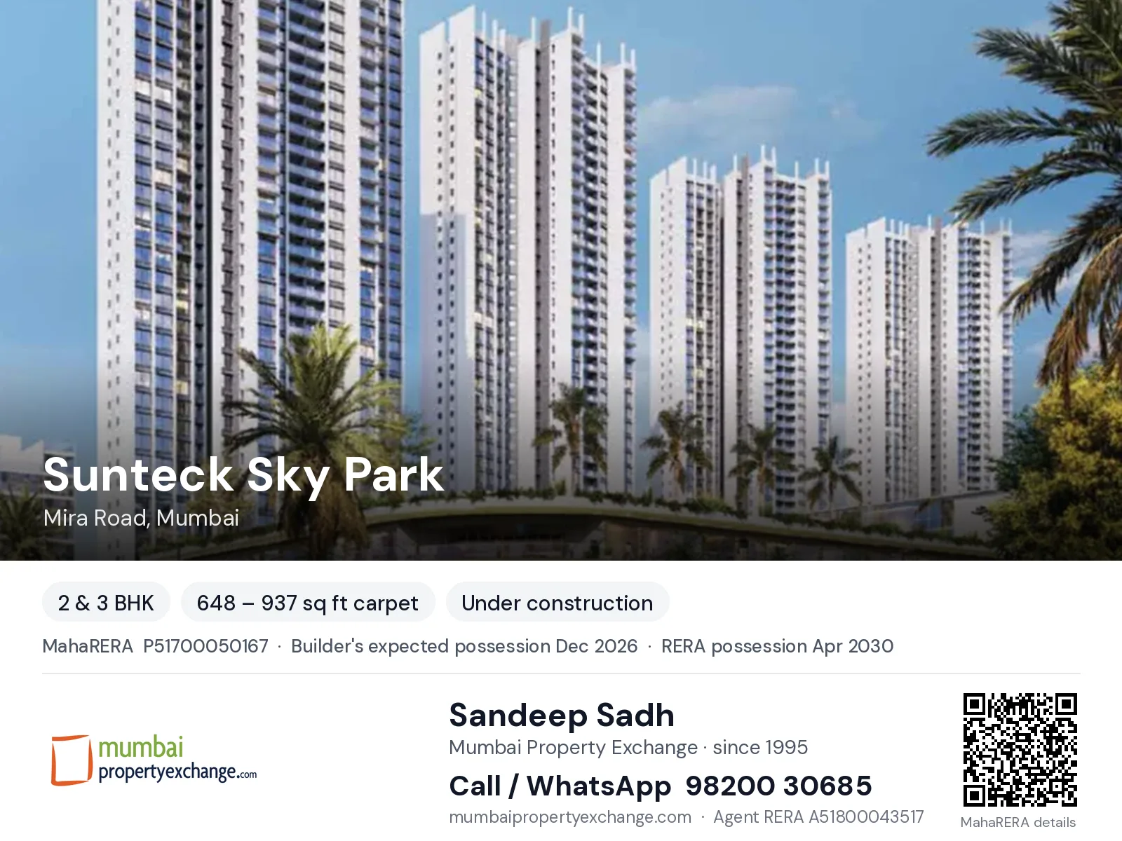Sunteck Sky Park, Mira Road, Mumbai — 2 & 3 BHK new project, builder's expected possession Dec 2026, RERA possession Apr 2030 | Mumbai Property Exchange, Sandeep Sadh 98200 30685