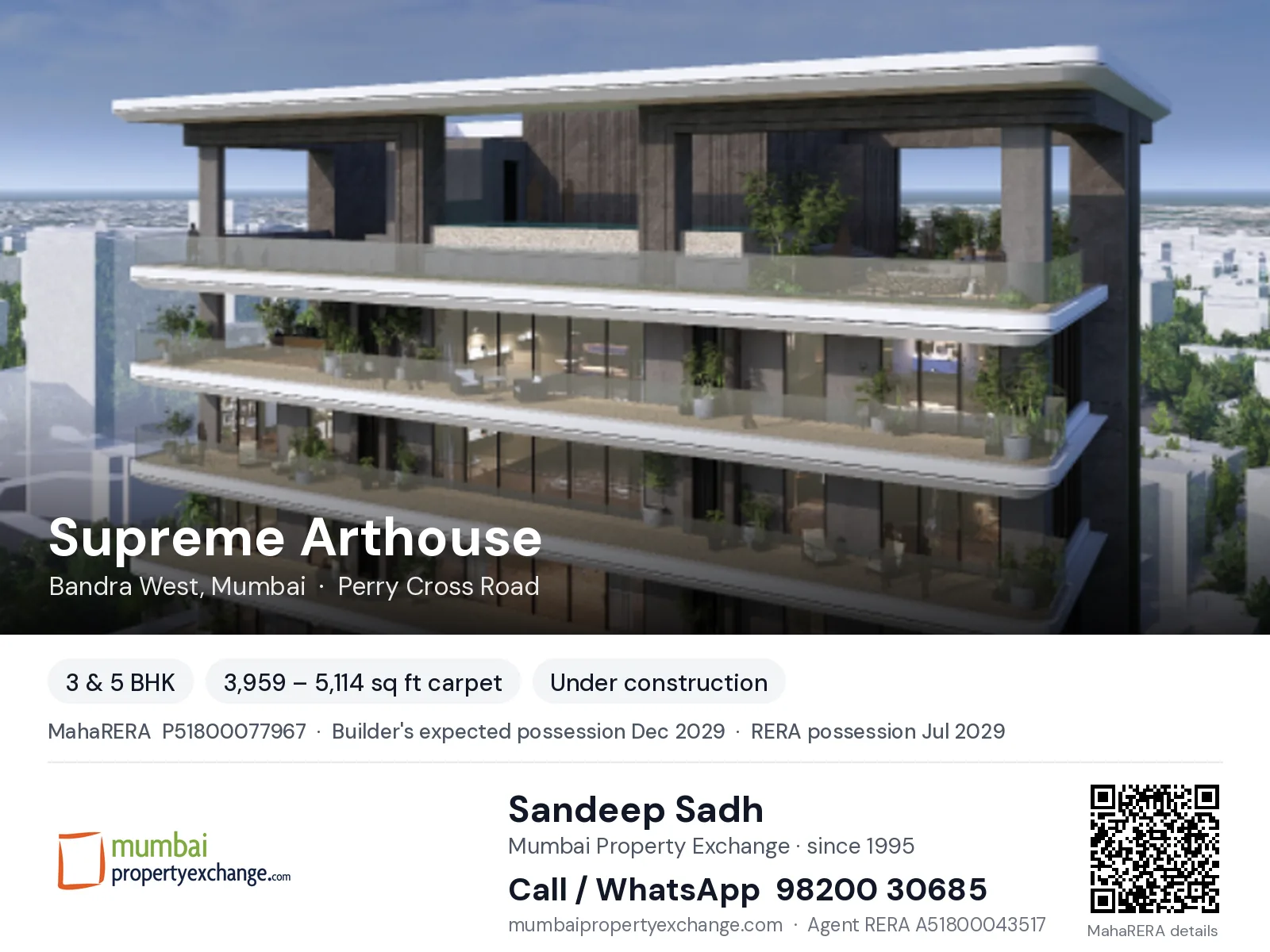 Supreme Arthouse, Bandra West, Mumbai — 3 & 5 BHK new project, builder's expected possession Dec 2029, RERA possession Jul 2029 | Mumbai Property Exchange, Sandeep Sadh 98200 30685