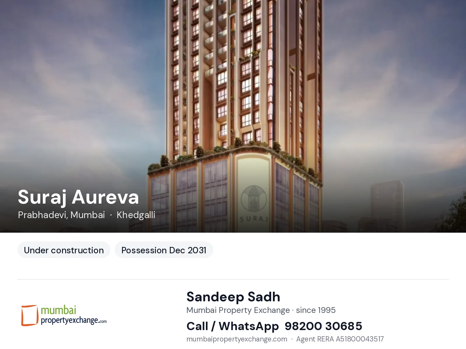Suraj Aureva, Prabhadevi, Mumbai — new project, possession Dec 2031 | Mumbai Property Exchange, Sandeep Sadh 98200 30685