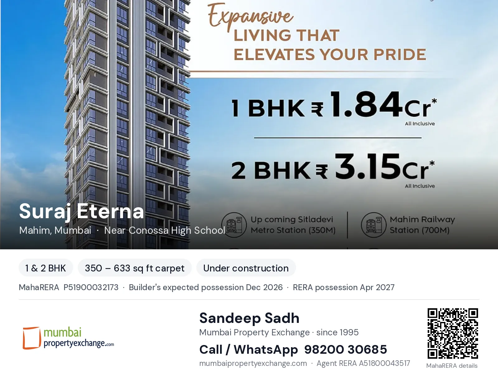 Suraj Eterna, Mahim, Mumbai — 1 & 2 BHK new project, builder's expected possession Dec 2026, RERA possession Apr 2027 | Mumbai Property Exchange, Sandeep Sadh 98200 30685